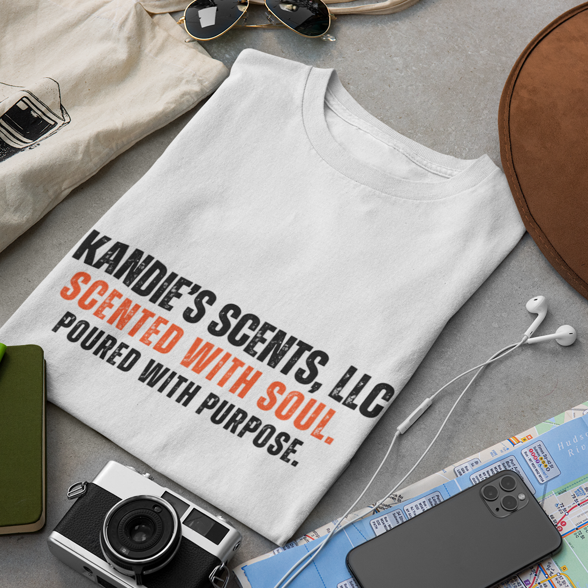 White t-shirt with text on a table with accessories