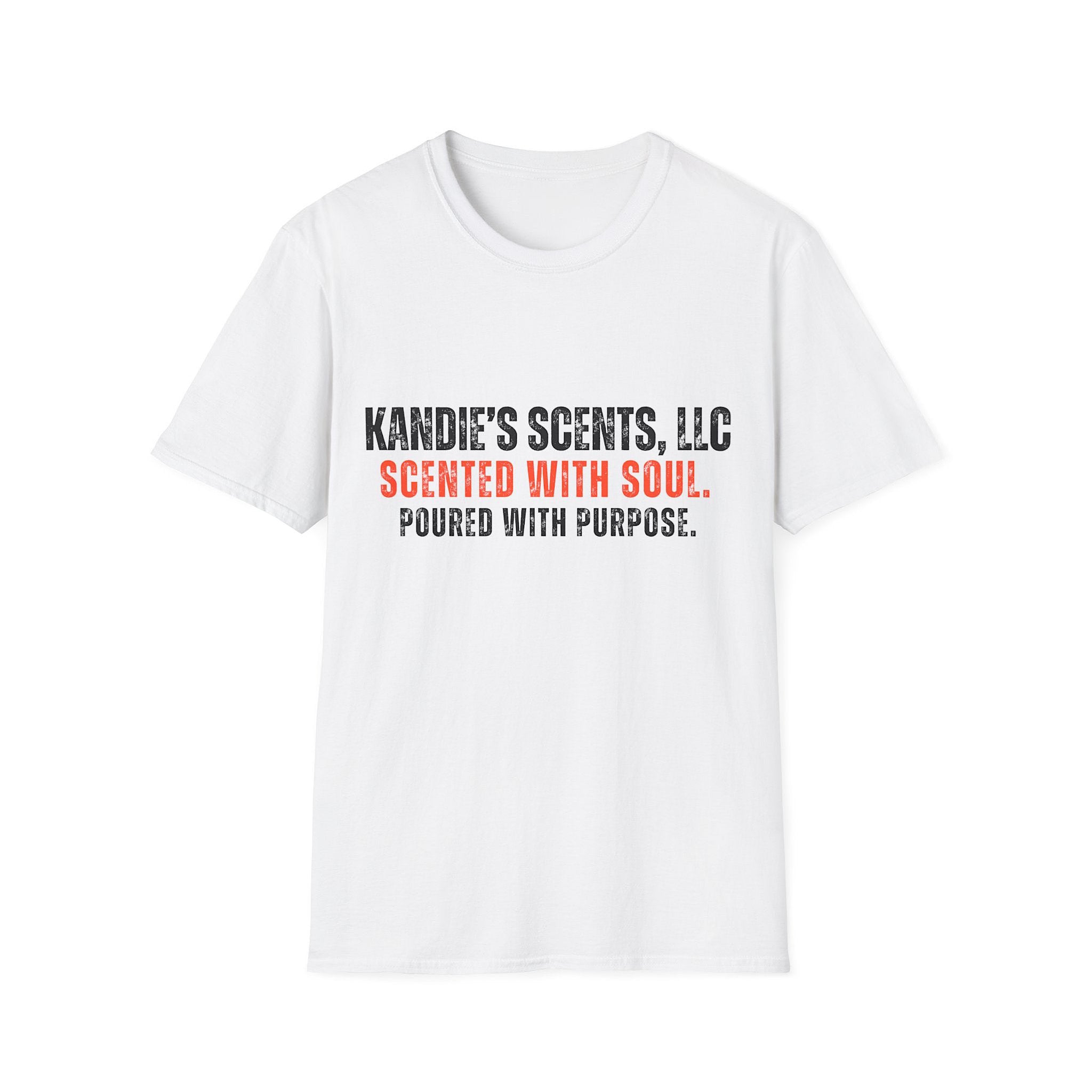 White t-shirt with text 'Kandie's Scents, LLC' on a white background