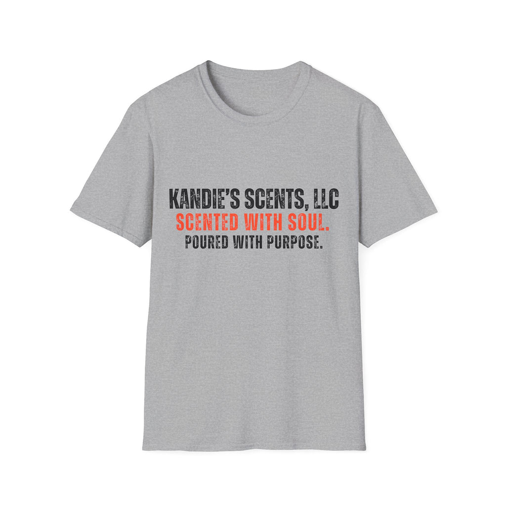 Gray t-shirt with text 'Kandie's Scents, LLC' on a white background