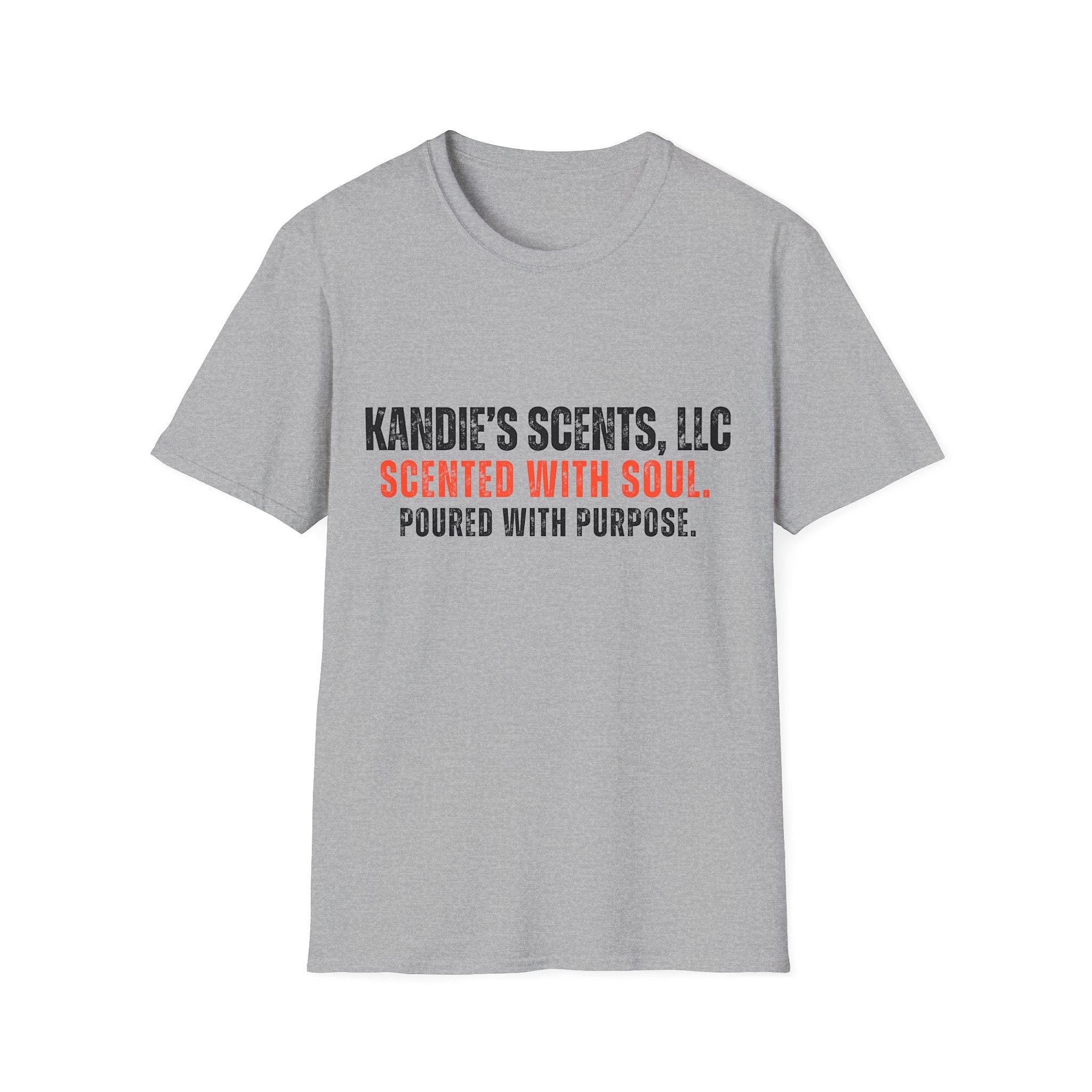 Gray t-shirt with text 'Kandie's Scents, LLC' on a white background