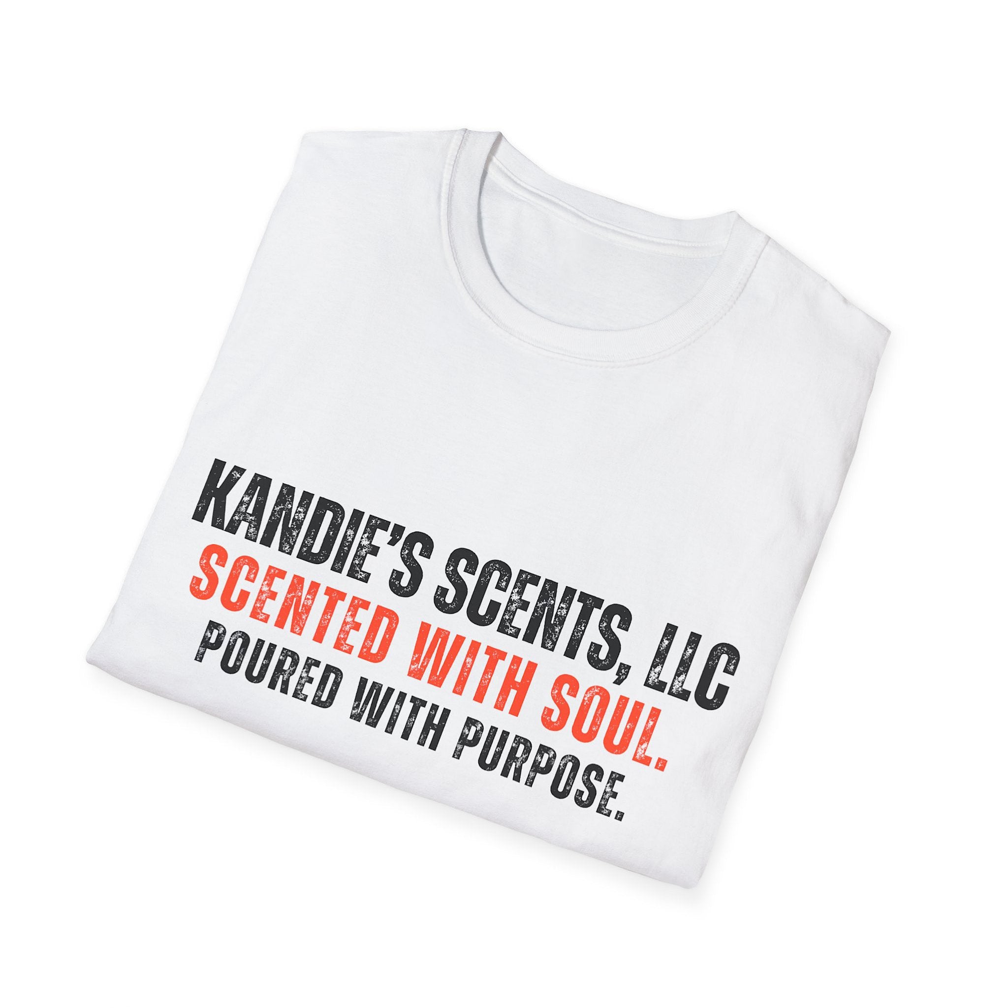 White t-shirt with text 'Kandie's Scents, LLC' on a white background