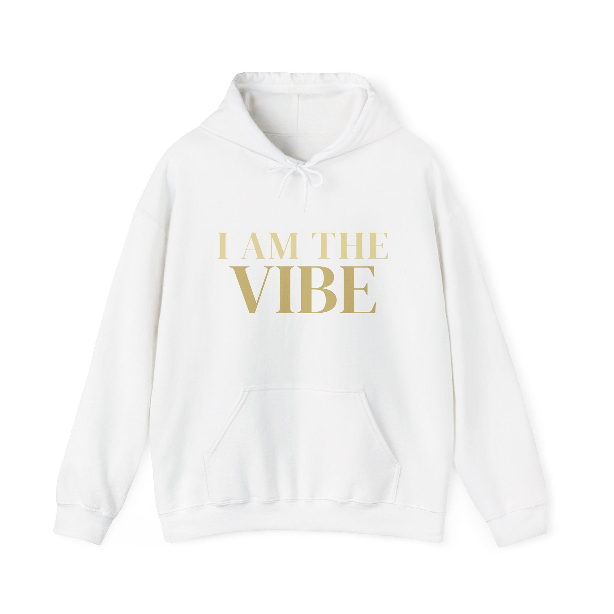 White hoodie with 'I AM THE VIBE' text in gold on a white background