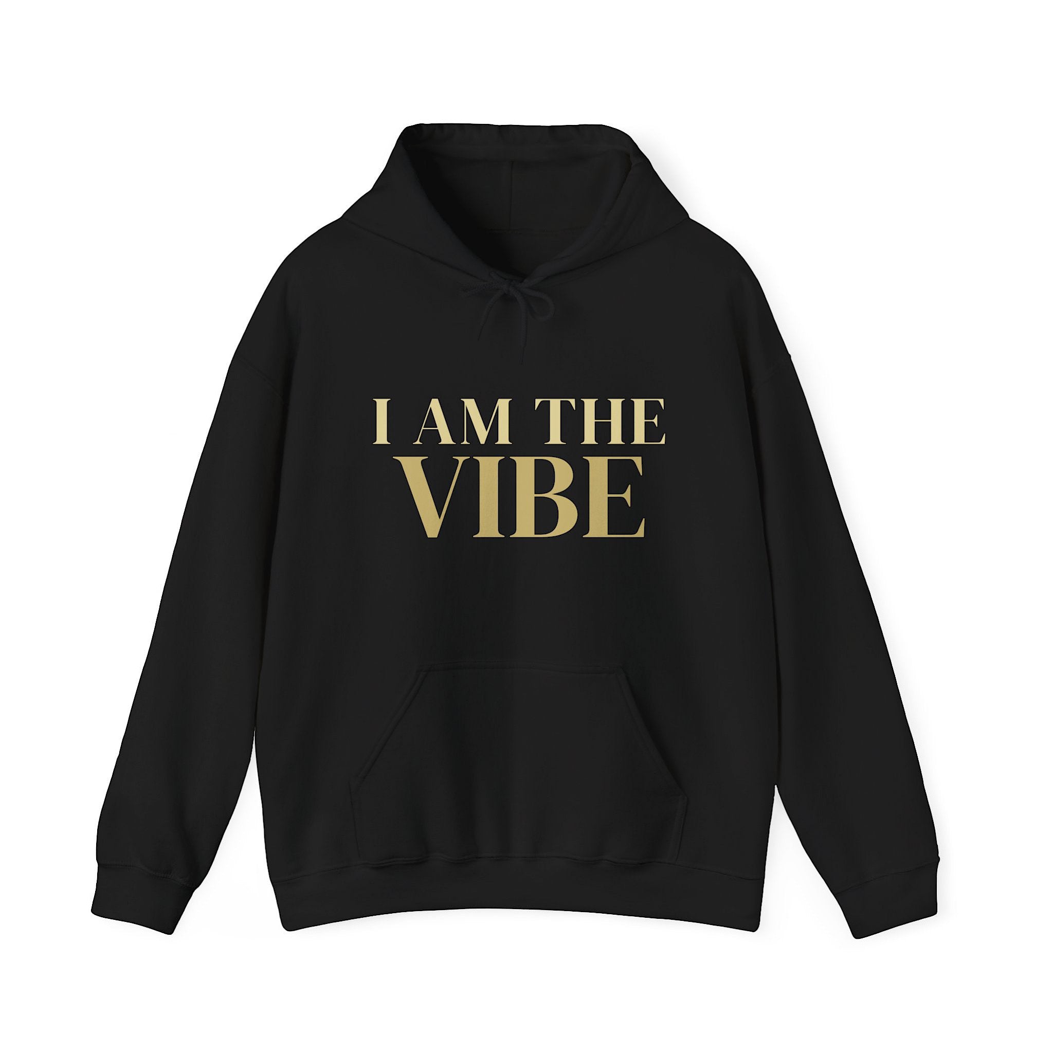 Black hoodie with 'I AM THE VIBE' text on a white background