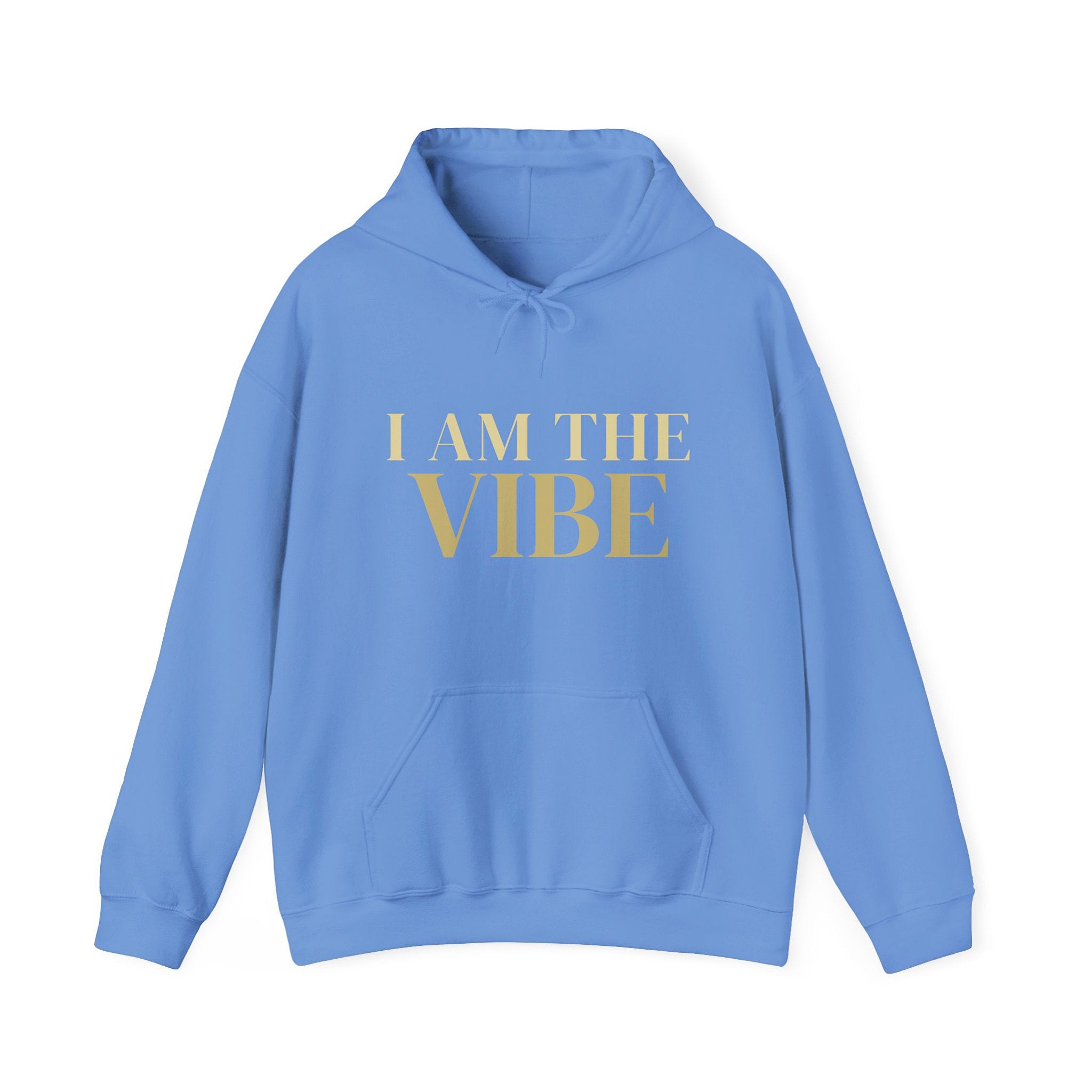 Blue hoodie with 'I AM THE VIBE' text on a white background