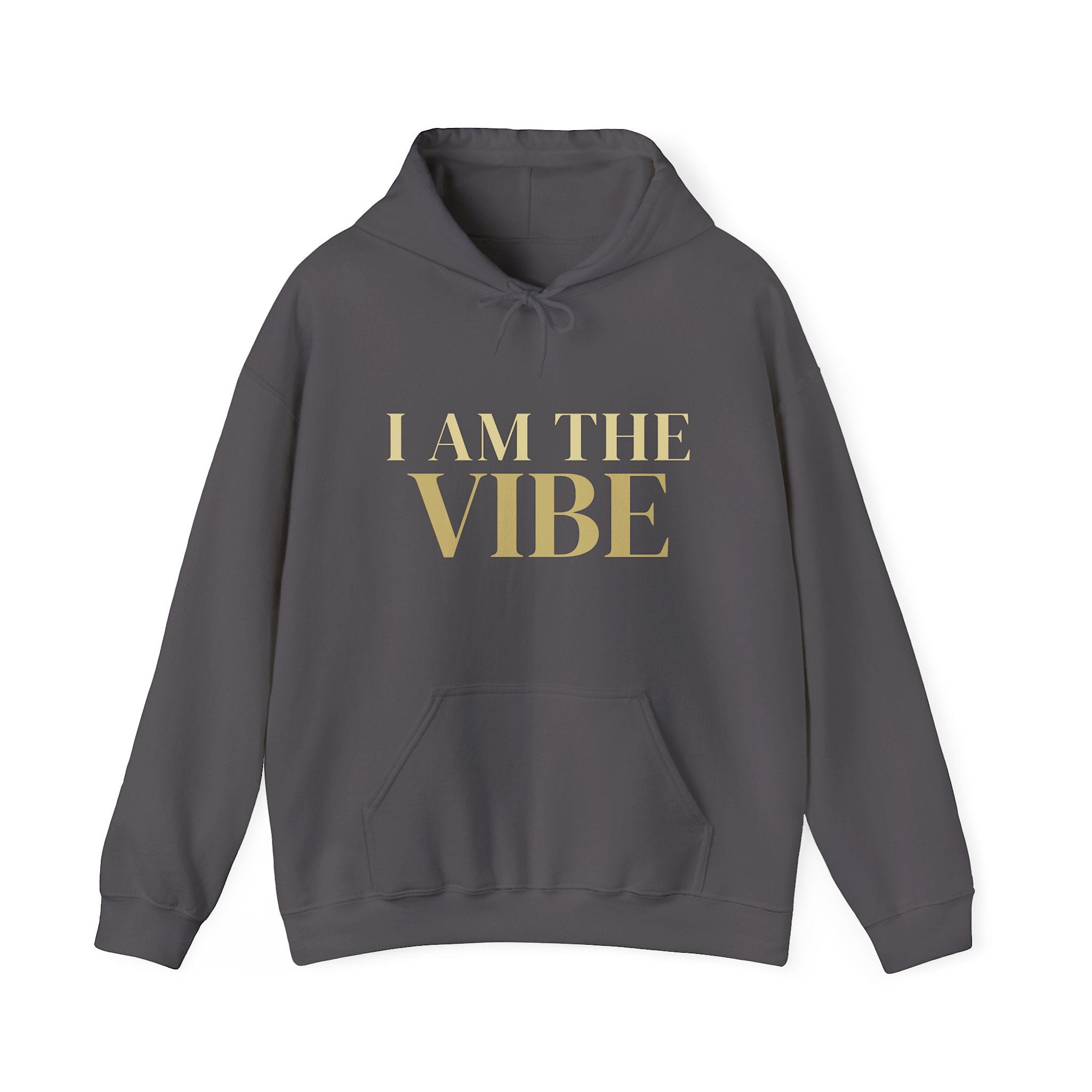 Gray hoodie with an 'I AM THE VIBE'  graphic design on a white background