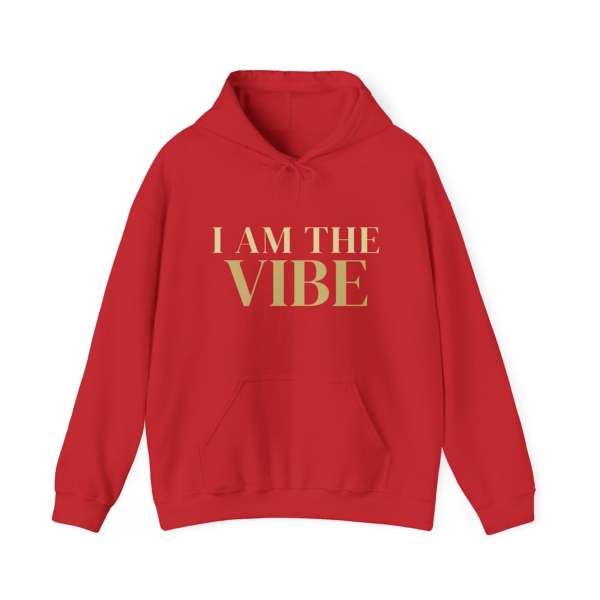 Red hoodie with 'I AM THE VIBE' on a white background