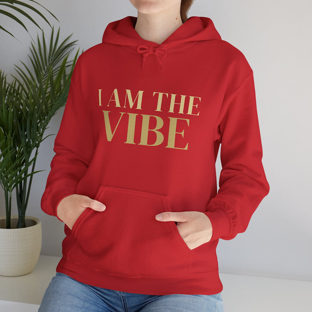 Person wearing a red hoodie with 'I AM THE VIBE' text, standing indoors with a plant in the background.