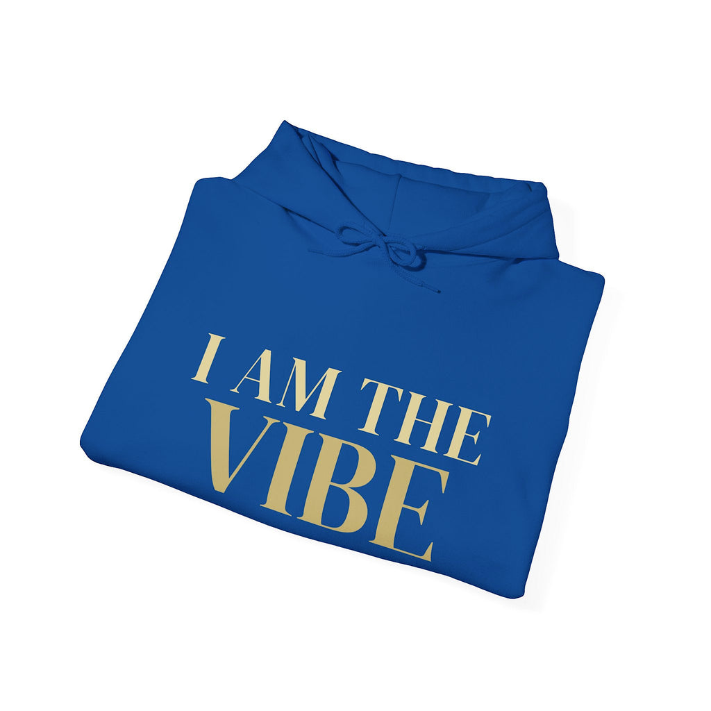 Blue hoodie with 'I AM THE VIBE' text on a white background