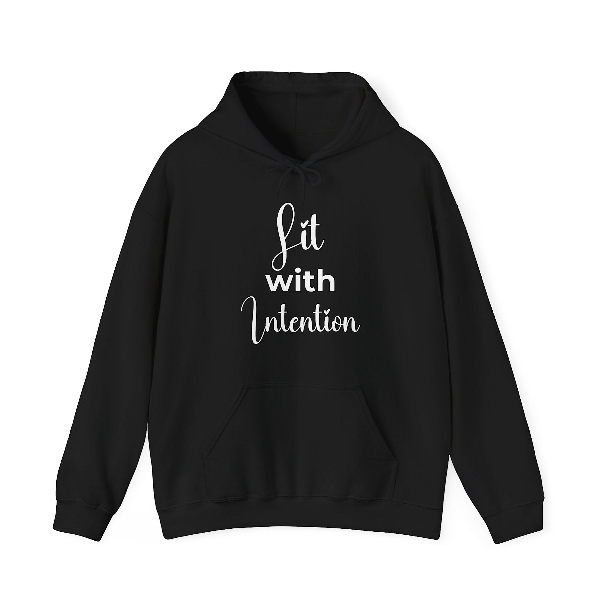 Black hoodie with 'Lit in Intention' text on a white background