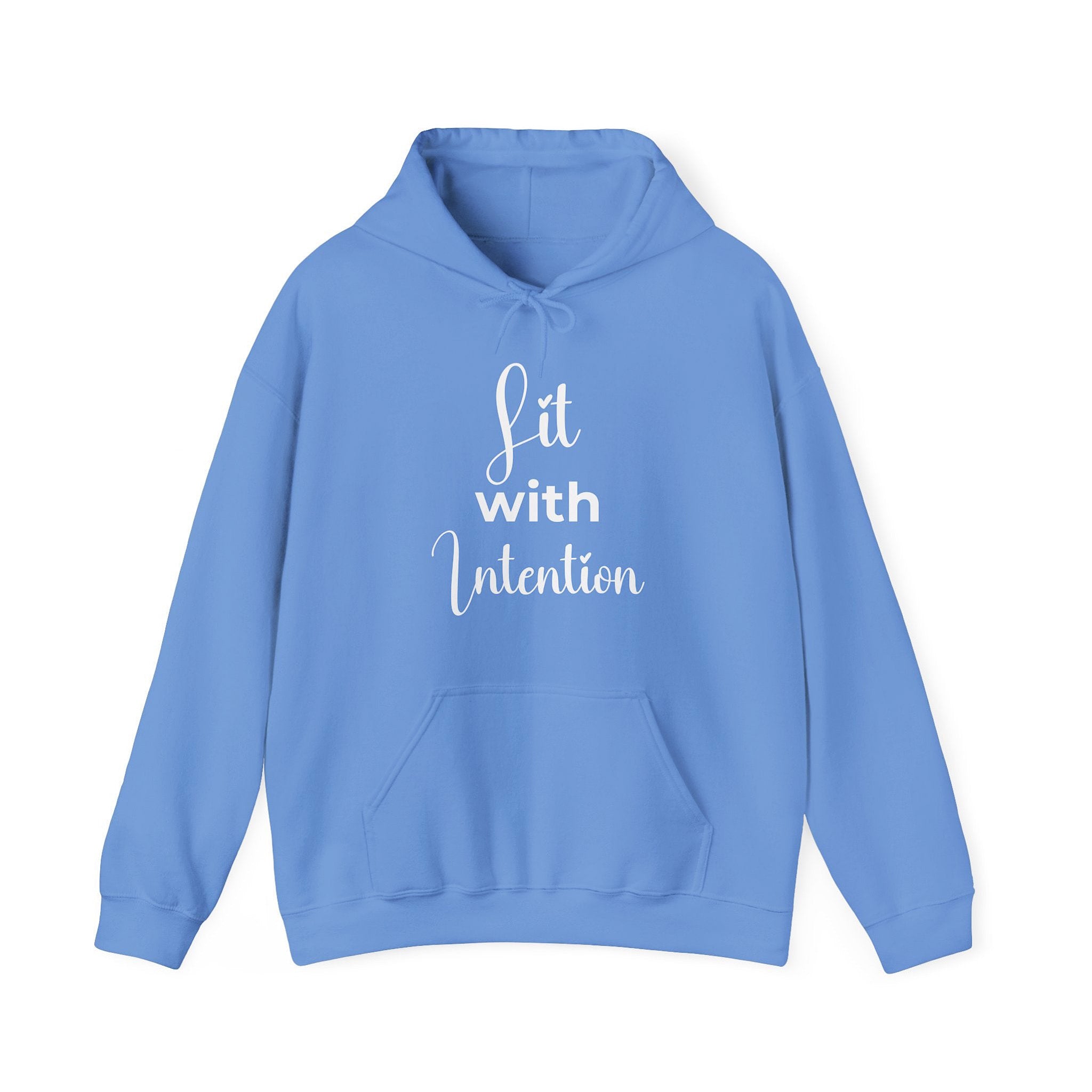 Blue hoodie with 'Lit with Intention' text on a white background
