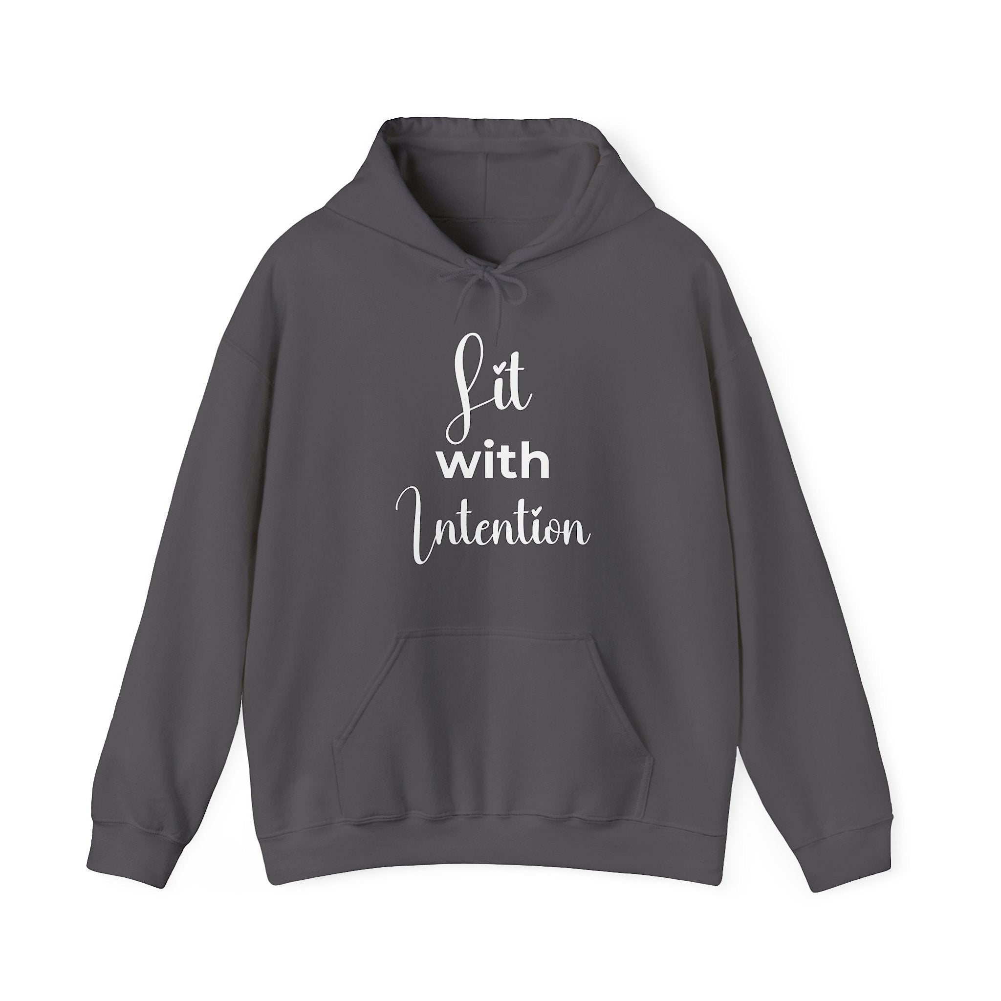 Green hoodie with 'Lit with Intention' text on a white background