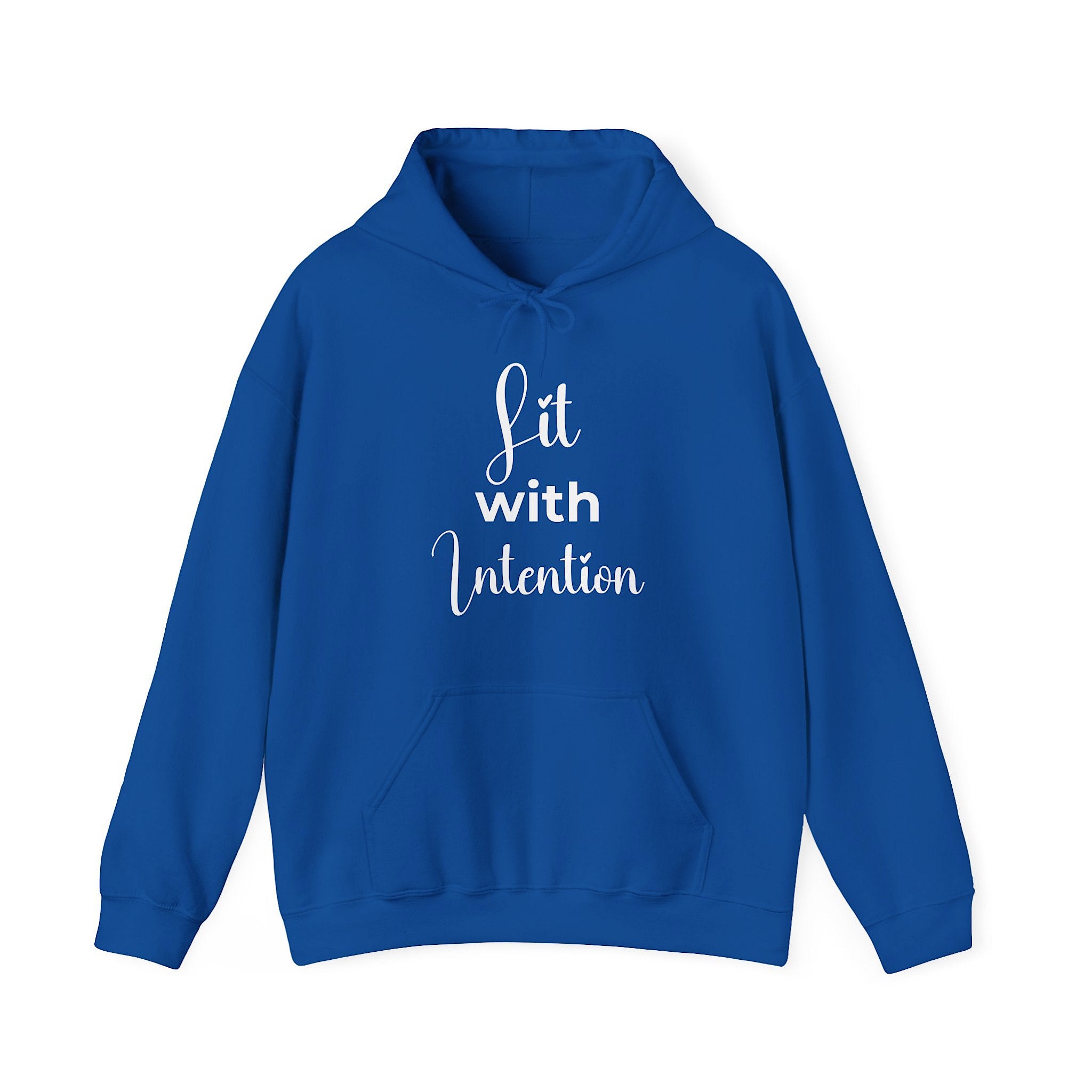 Blue hoodie with 'Lit with Intention' design on a white background