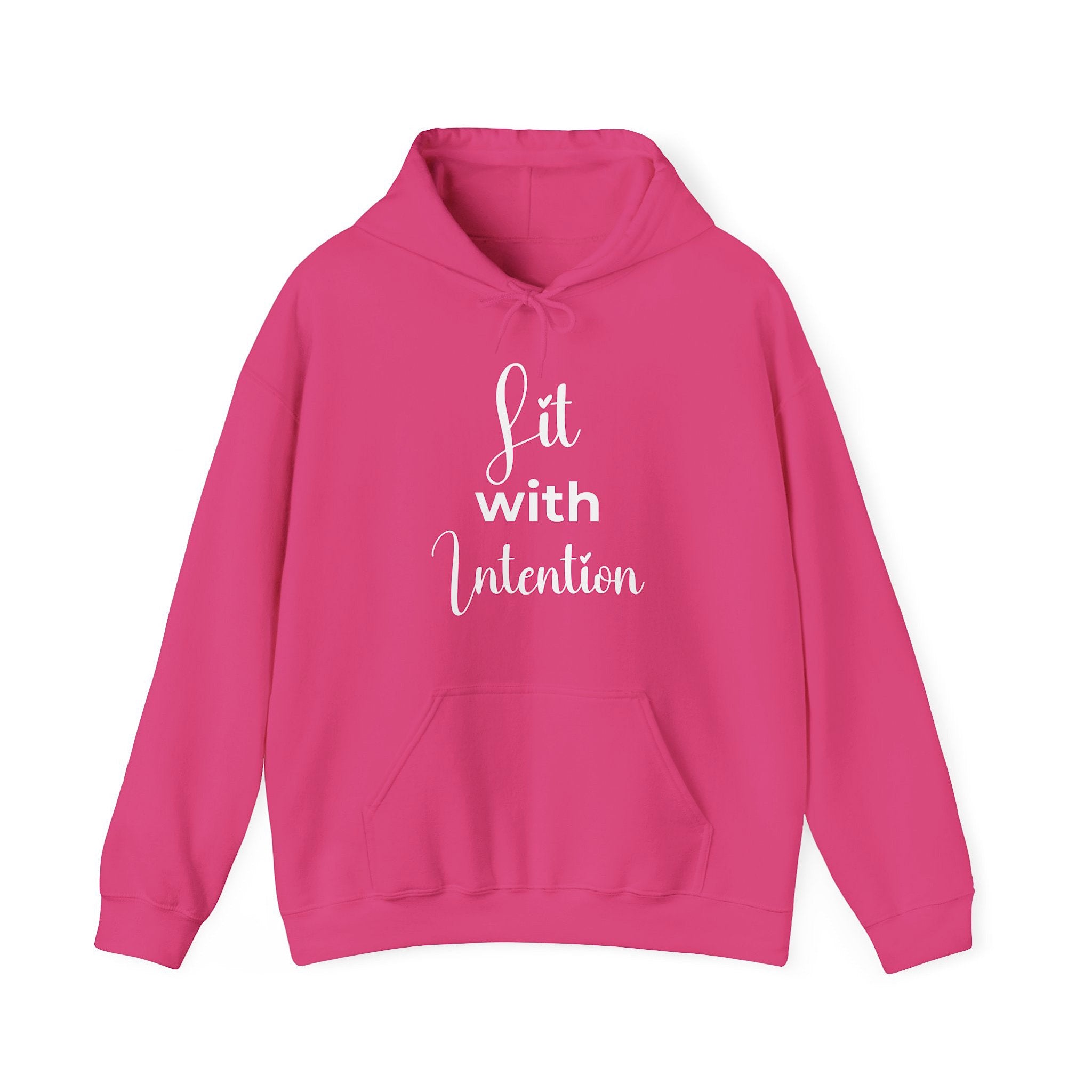 Pink hoodie with white graphic and text on a white background