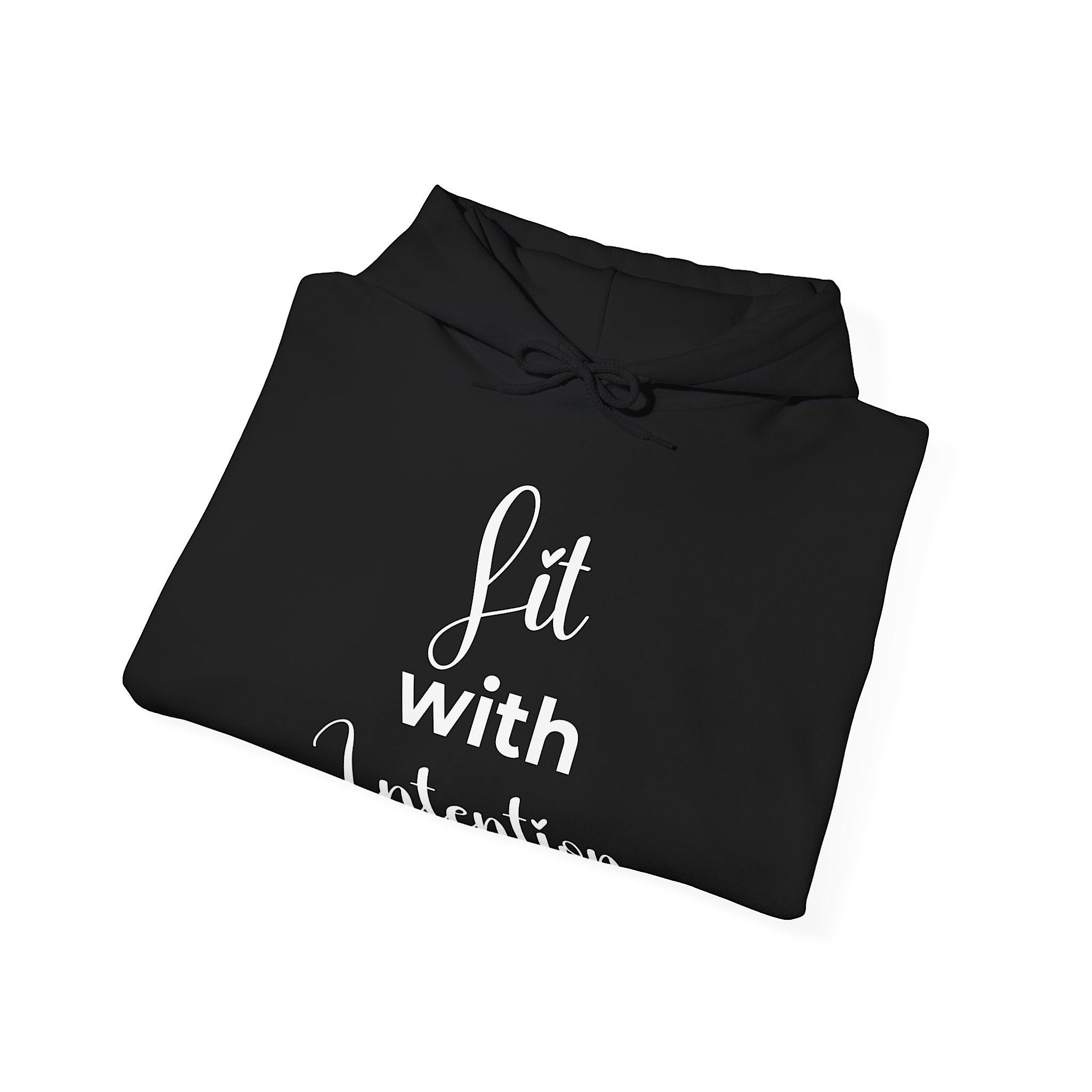 Black hoodie with 'lit with intention' text and chess piece graphics on a white background