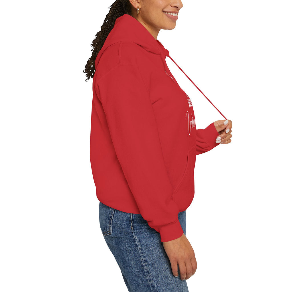 Person wearing a red hoodie with 'Lit with Intention' text on a white background