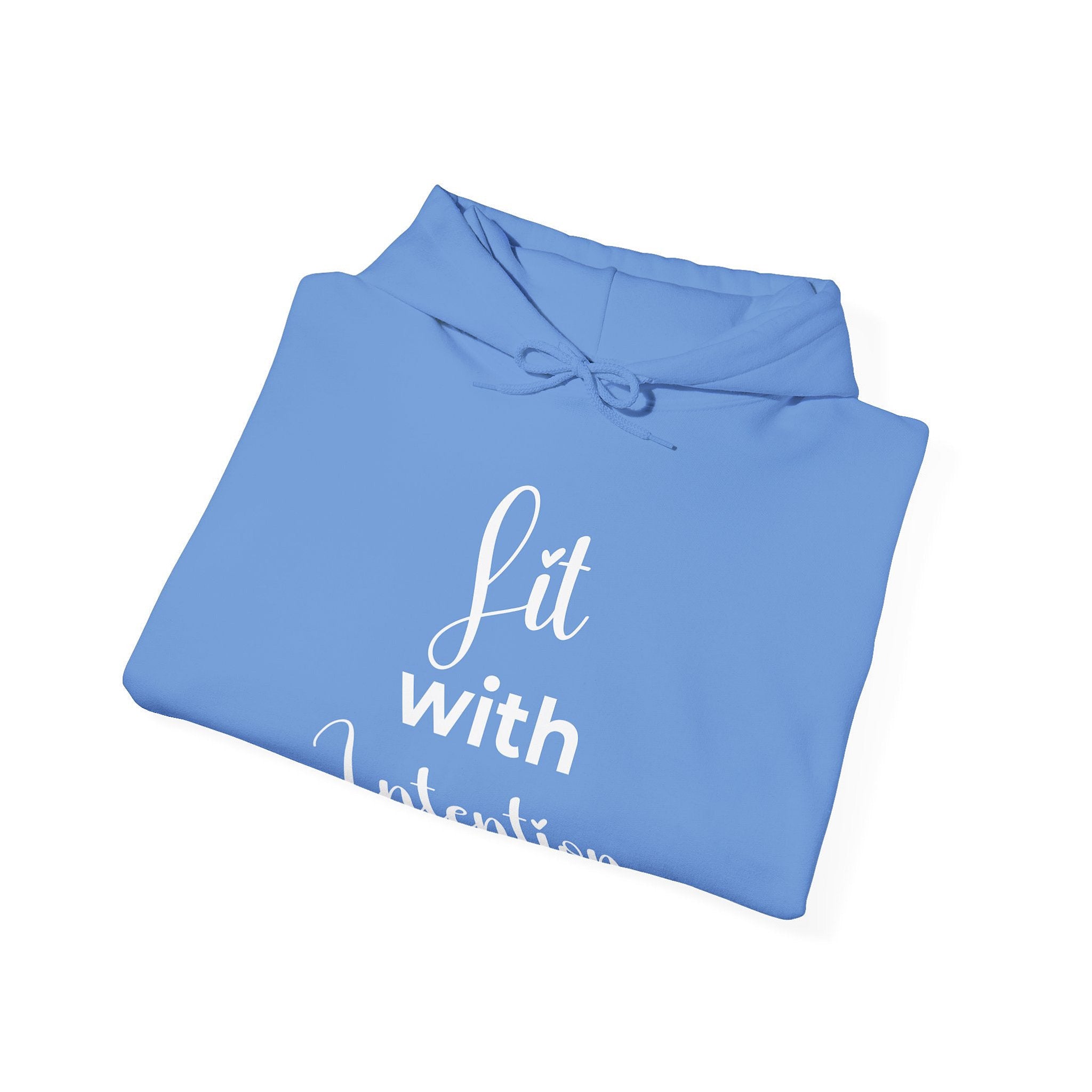 Folded blue hoodie with white text on a white background