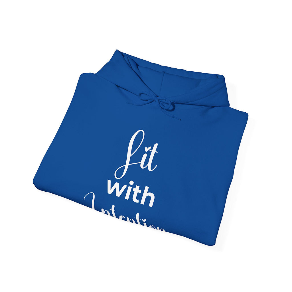 Folded blue hoodie with white text on a white background