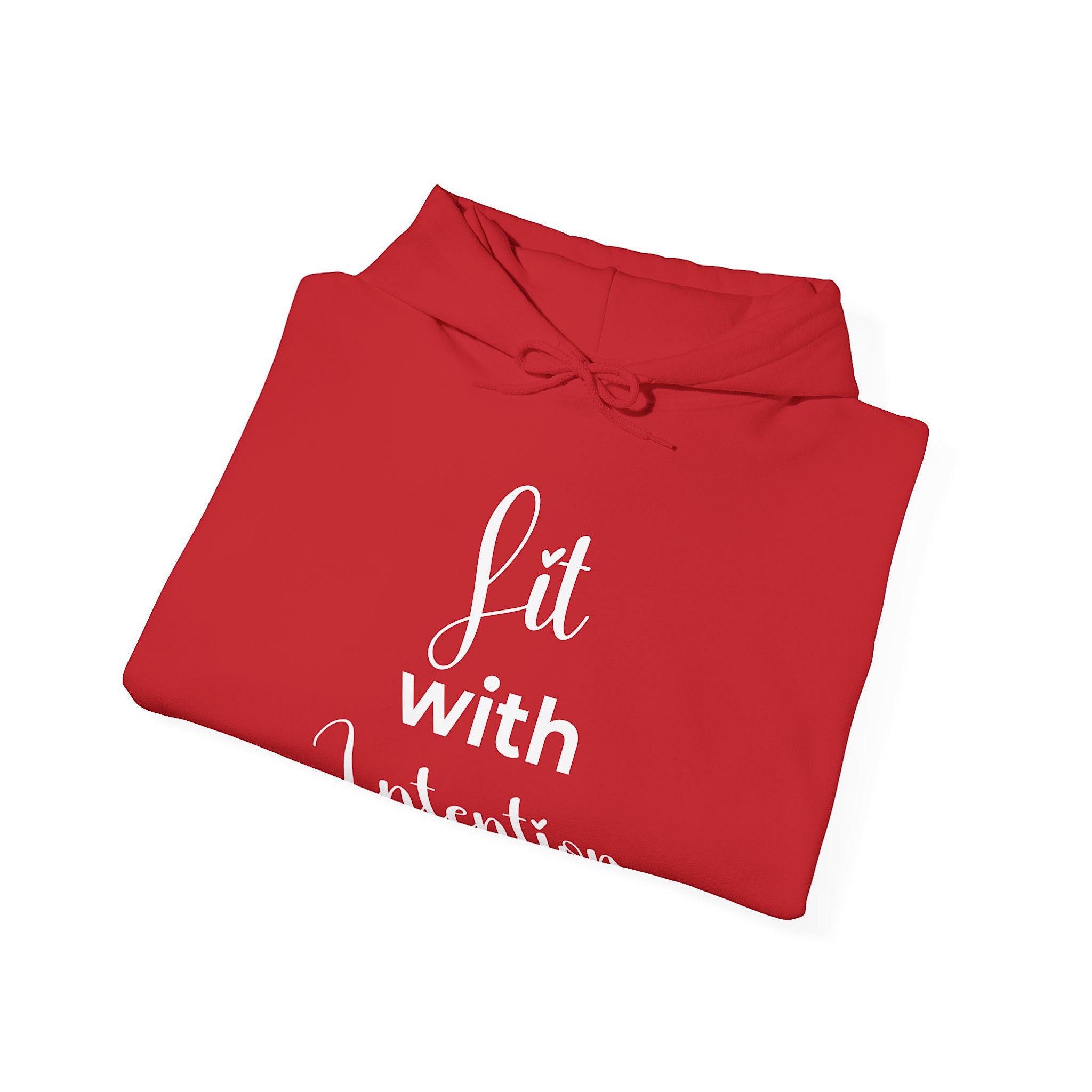 Folded red hoodie with white text on a white background
