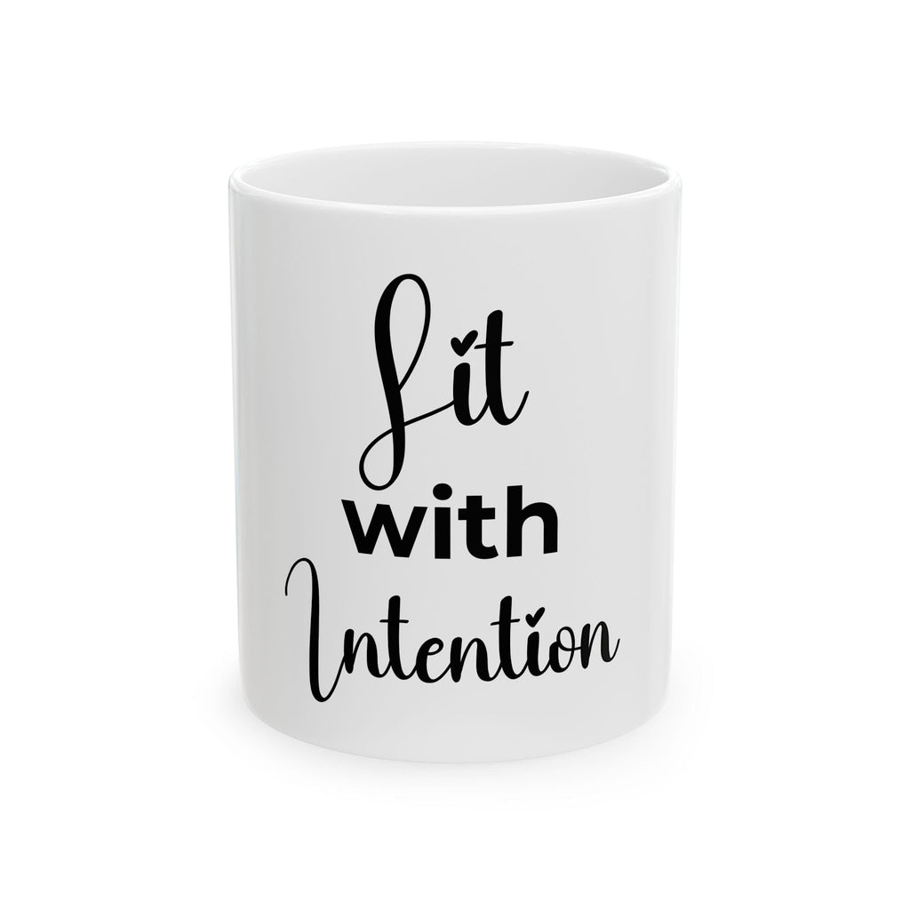 White mug with 'Lit with Intention' text on a white background