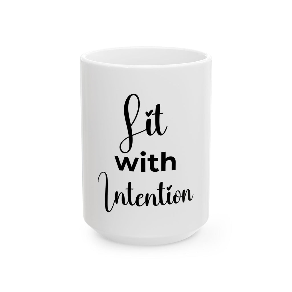 White mug with 'Lit with Intention' text on a white background