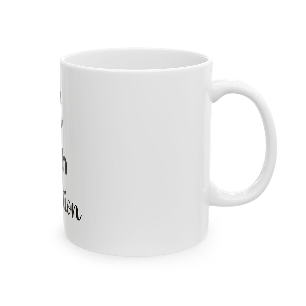 White mug with text on a white background