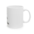 White mug with text on a white background