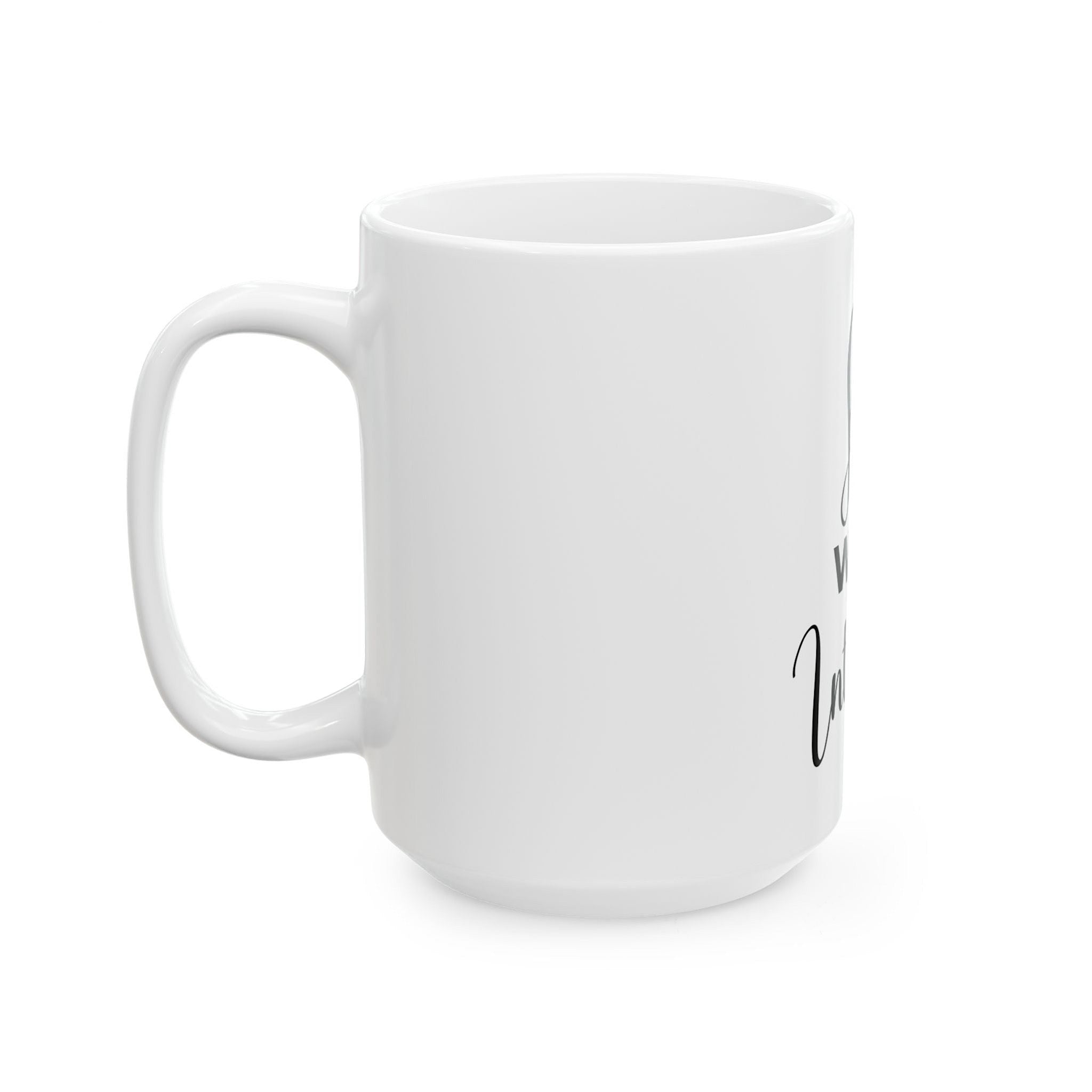 White mug with black text on a white background