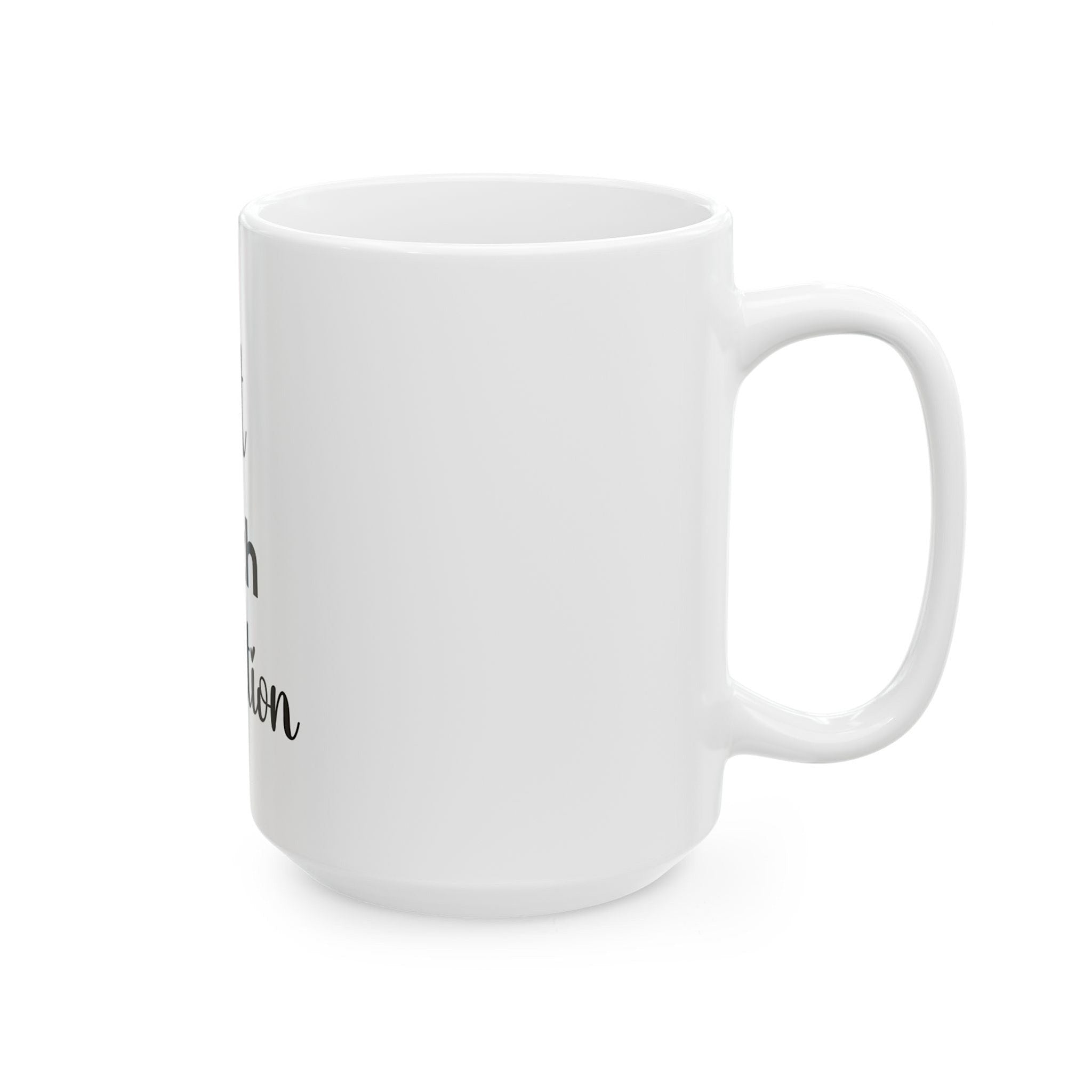 White mug with text on a white background