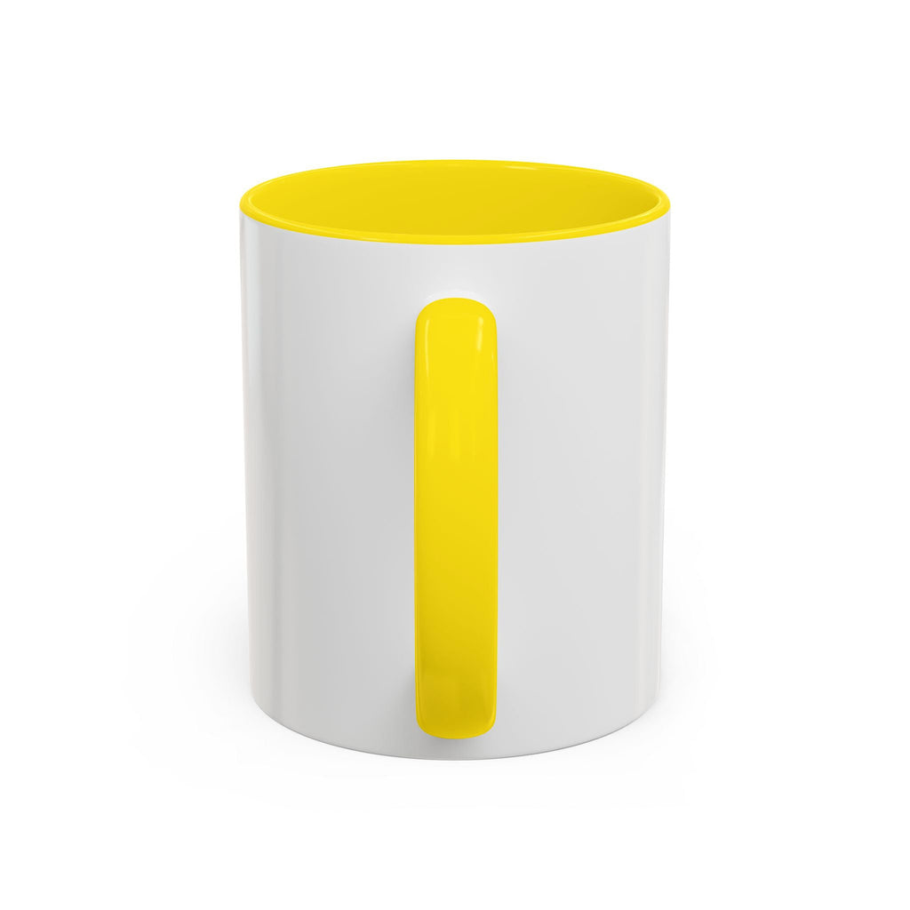 White mug with a yellow handle and interior on a white background