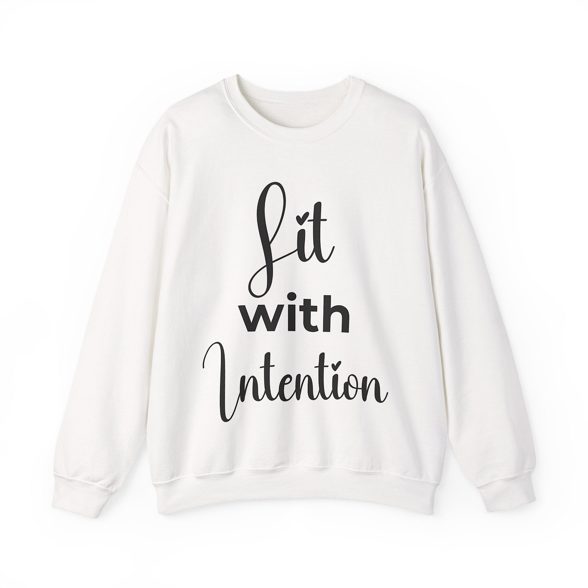 White sweatshirt with 'Lit with Intention' text on a white background