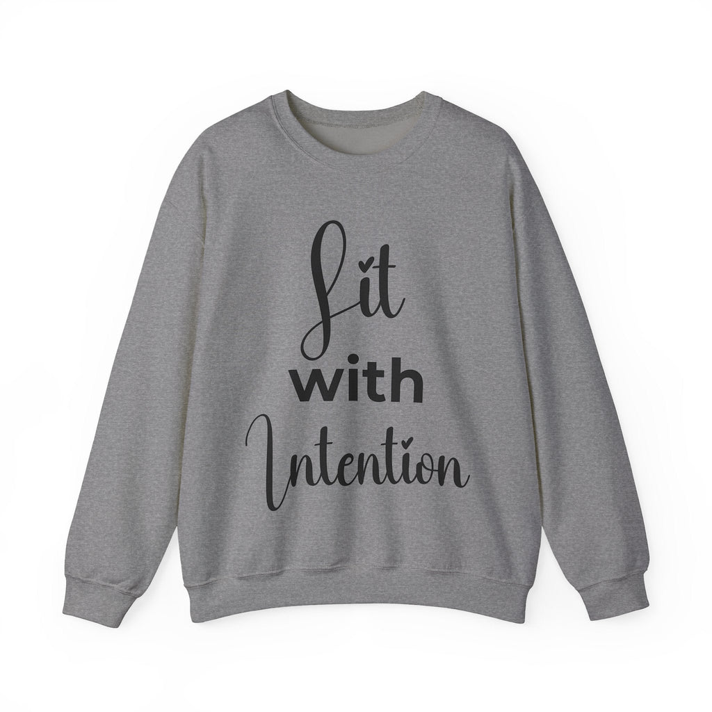 Gray sweatshirt with 'Lit with Intention' text on a white background