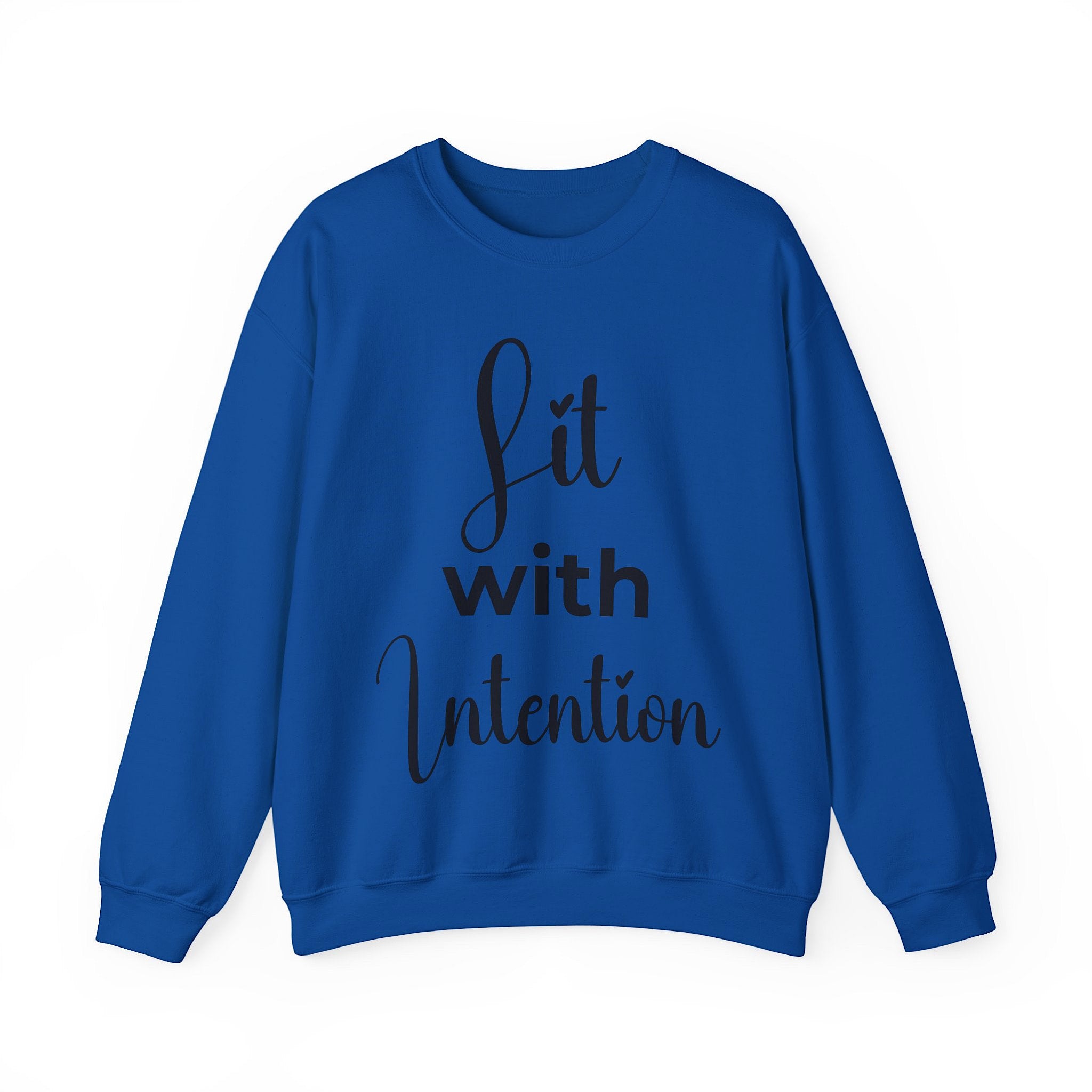 Blue sweatshirt with 'Lit with Intention' text on a white background