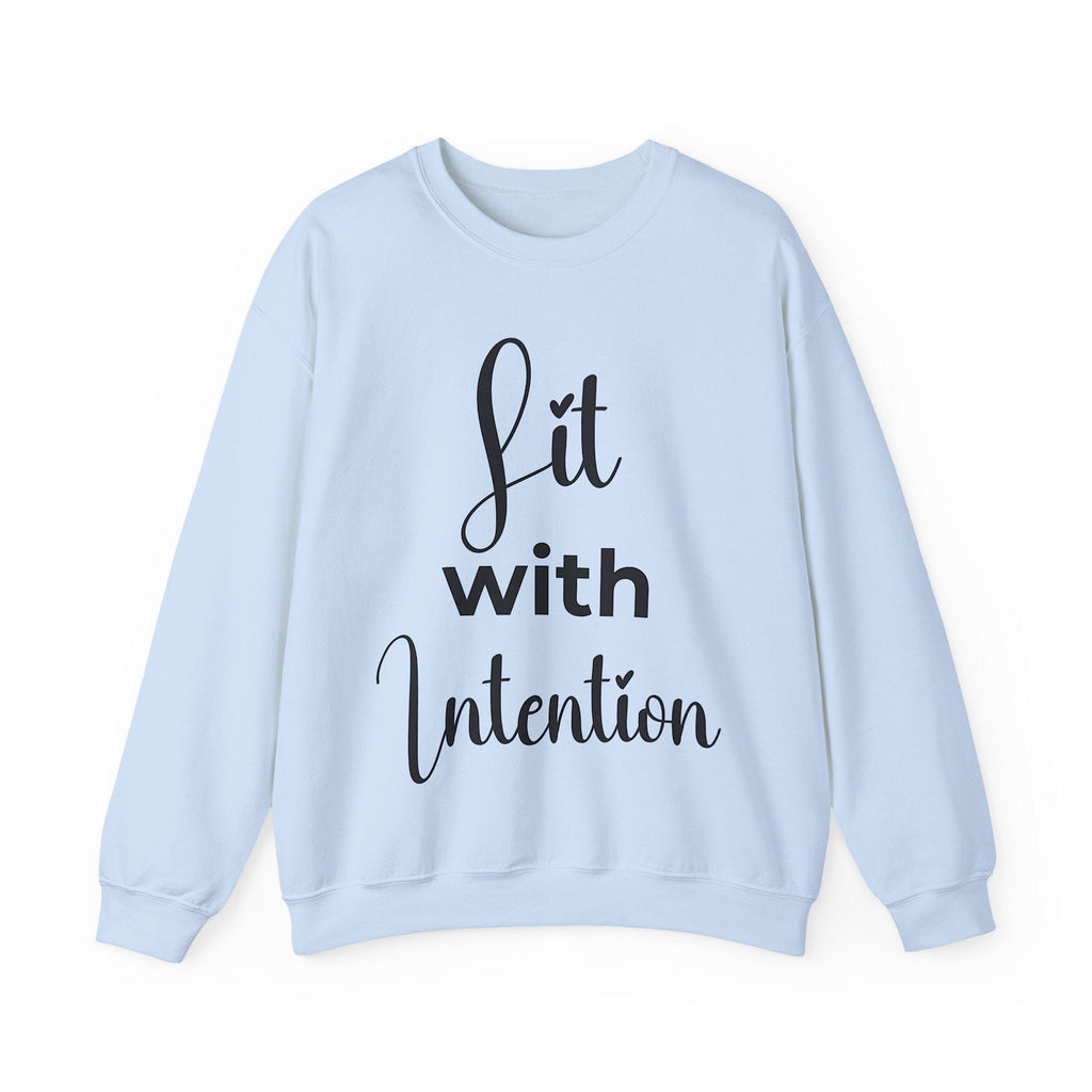 Light blue sweatshirt with 'Lit with Intention' text on a white background