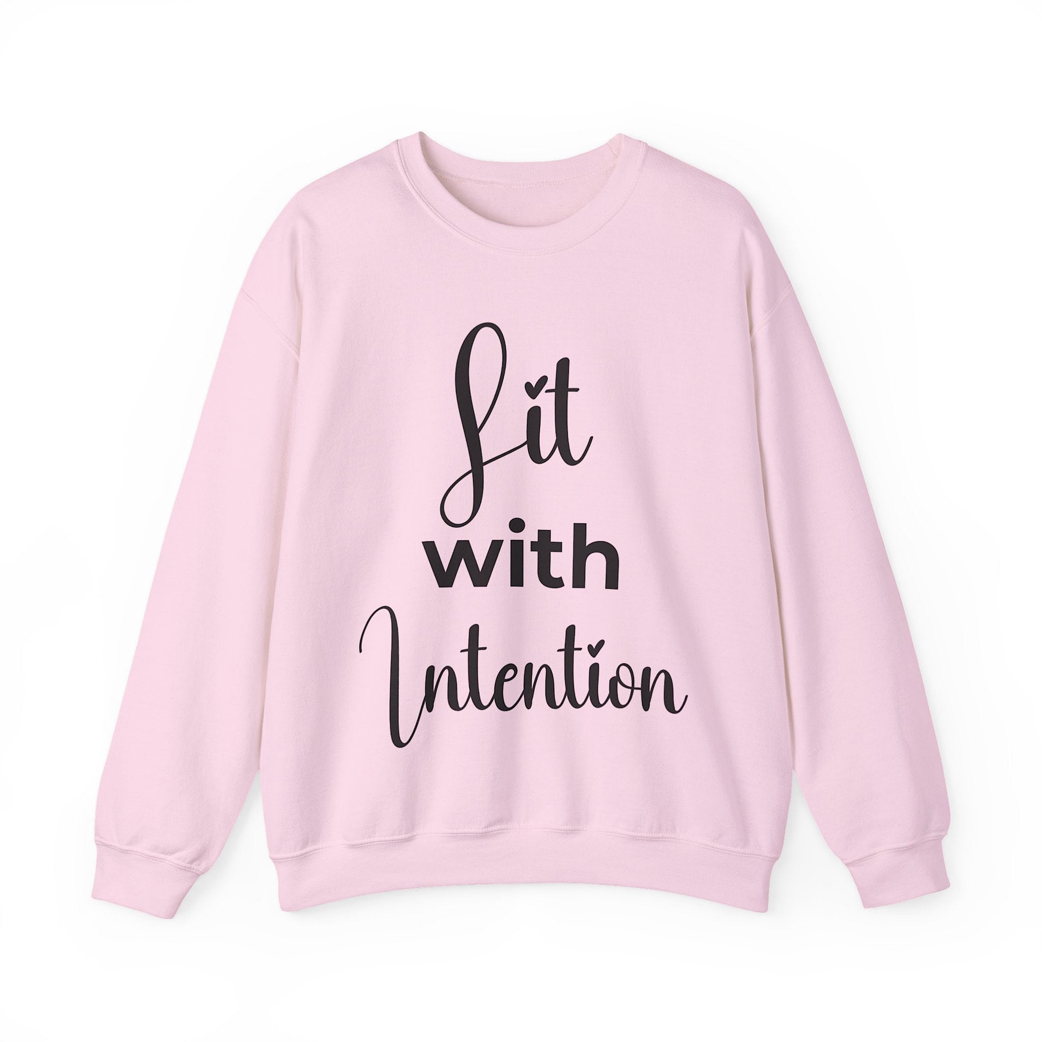 Pink sweatshirt with 'Lit with Intention' text on a white background