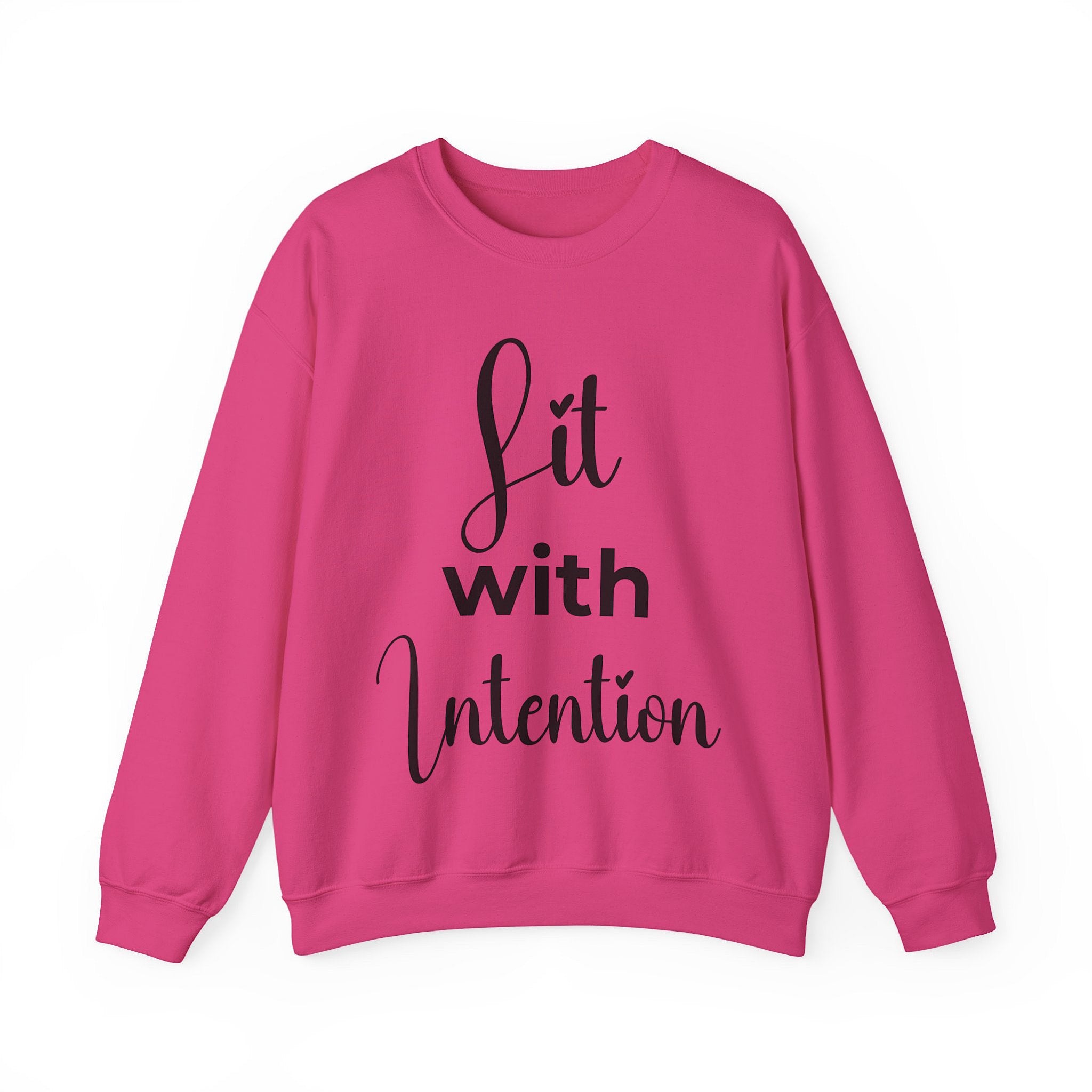 Pink sweatshirt with 'Lit with Intention' text on a white background