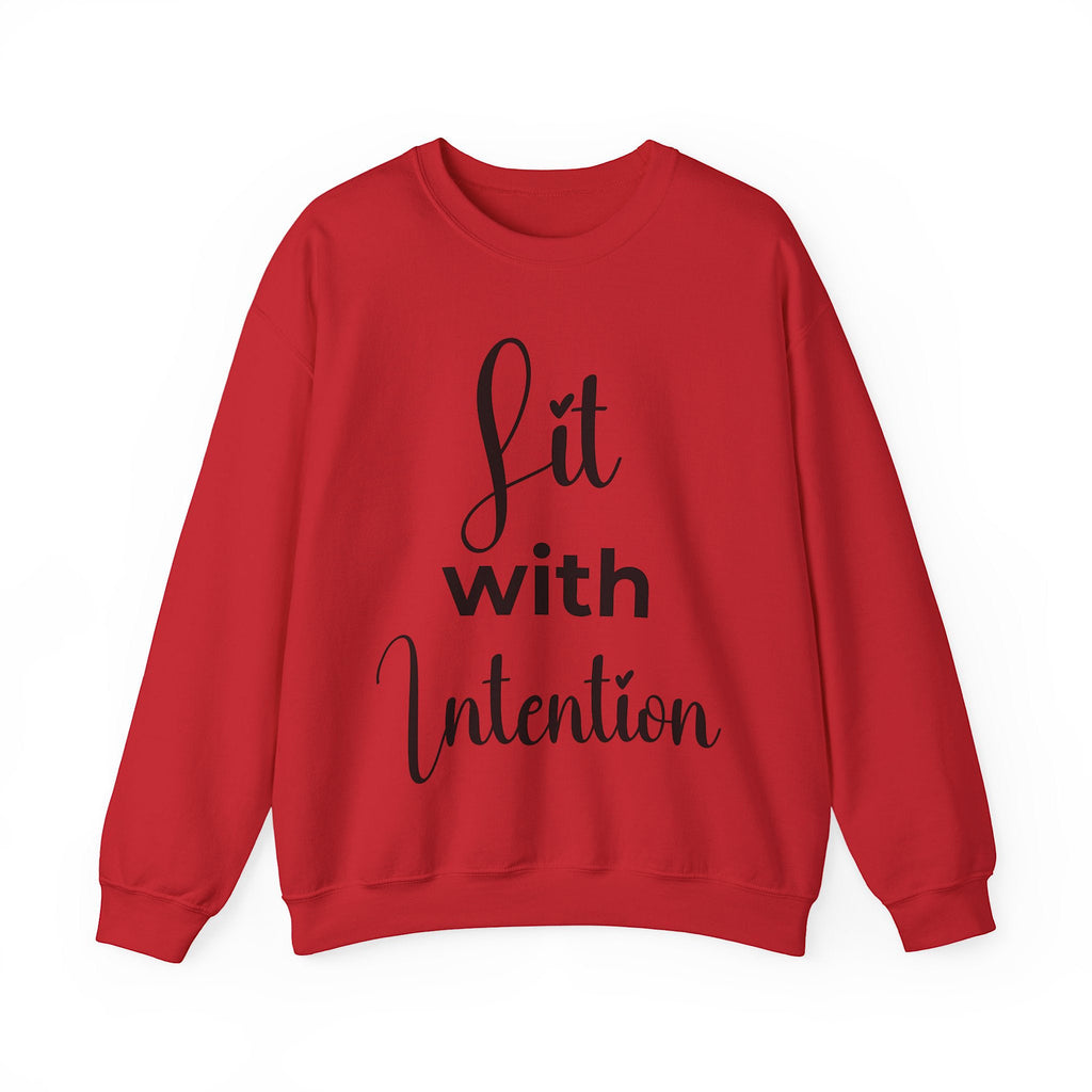 Red sweatshirt with 'Lit with Intention' text on a white background