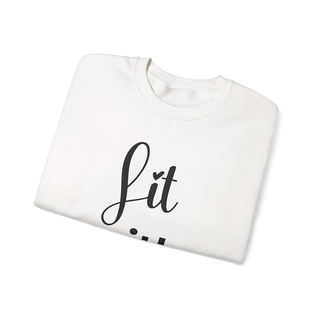 White sweatshirt with 'Lit with Intention' text on a white background