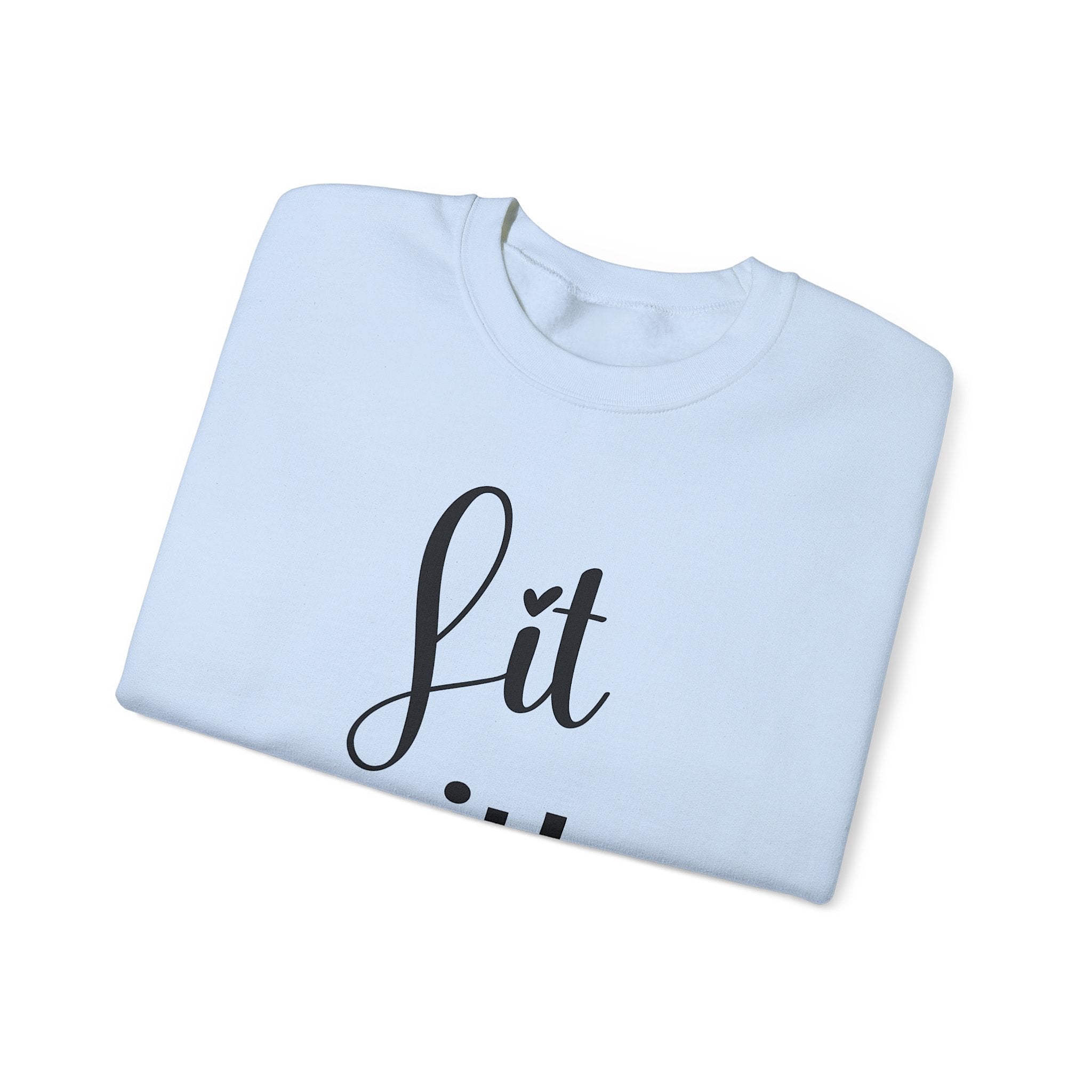 Light blue sweatshirt with 'Lit with Intention' text on a white background