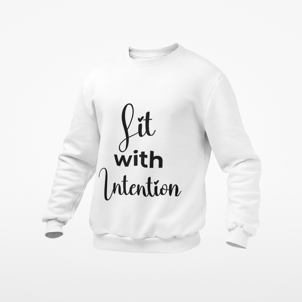 White sweatshirt with 'Lit with Intention' text on a white background