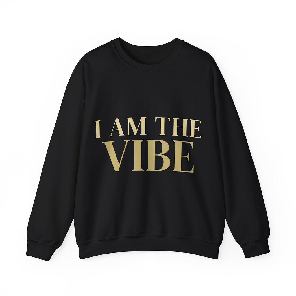 Black sweatshirt with 'I AM THE VIBE' text in gold on a white background