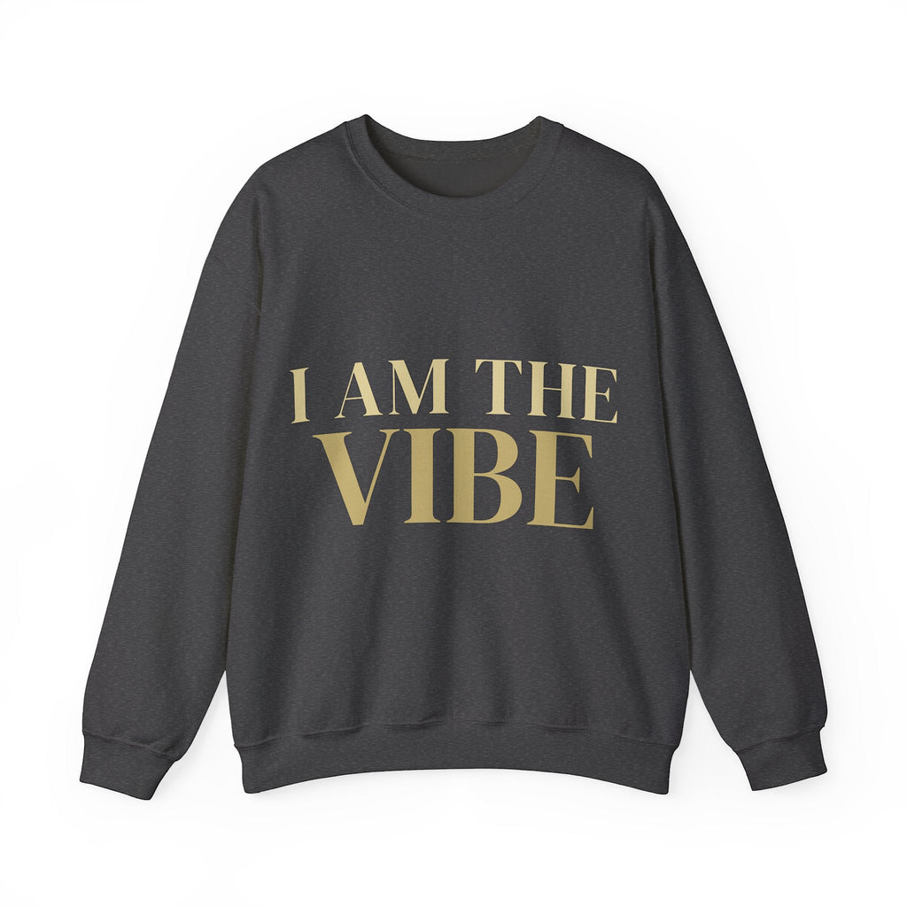 Black sweatshirt with 'I AM THE VIBE' text in gold on a white background