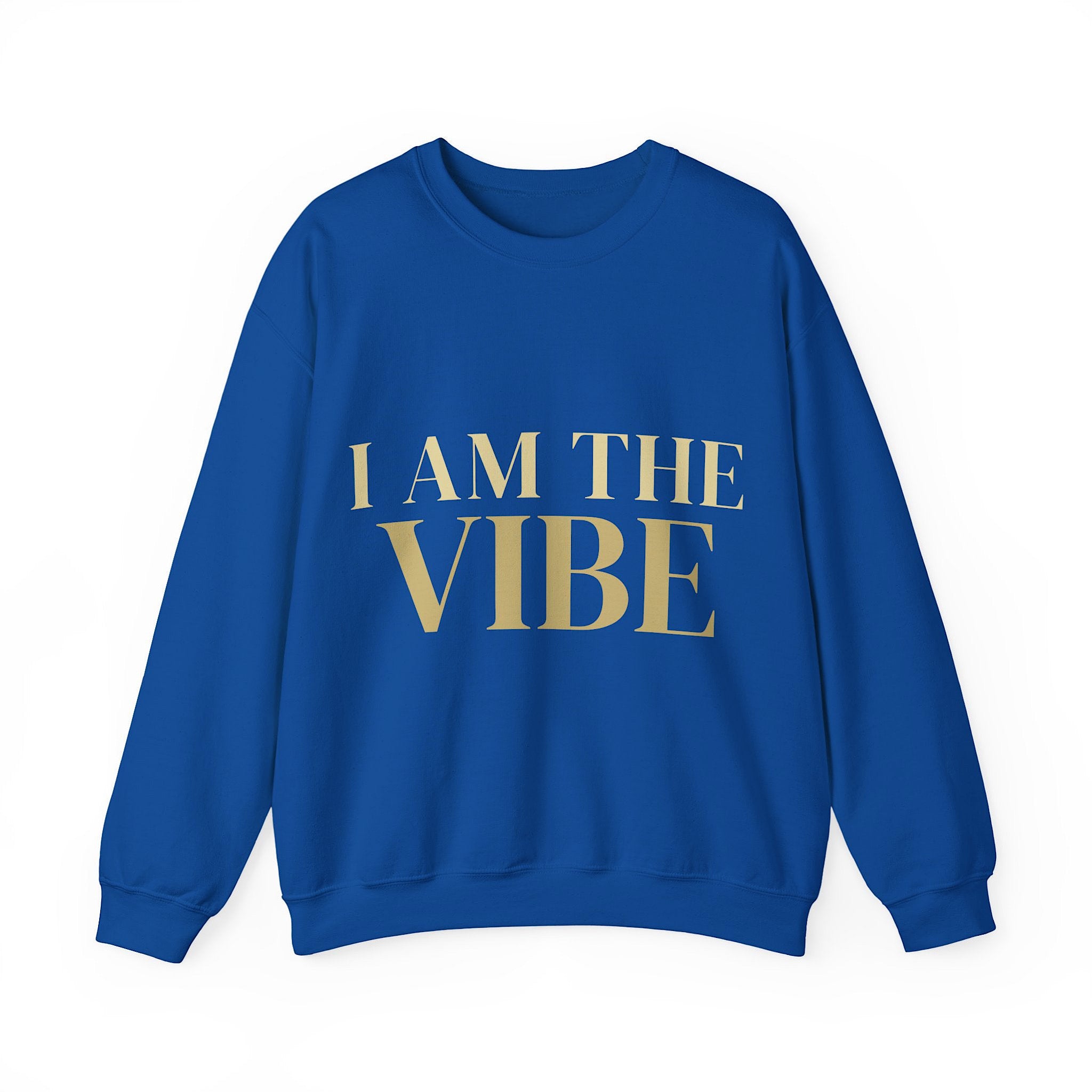 Blue sweatshirt with 'I AM THE VIBE' text in gold on a white background