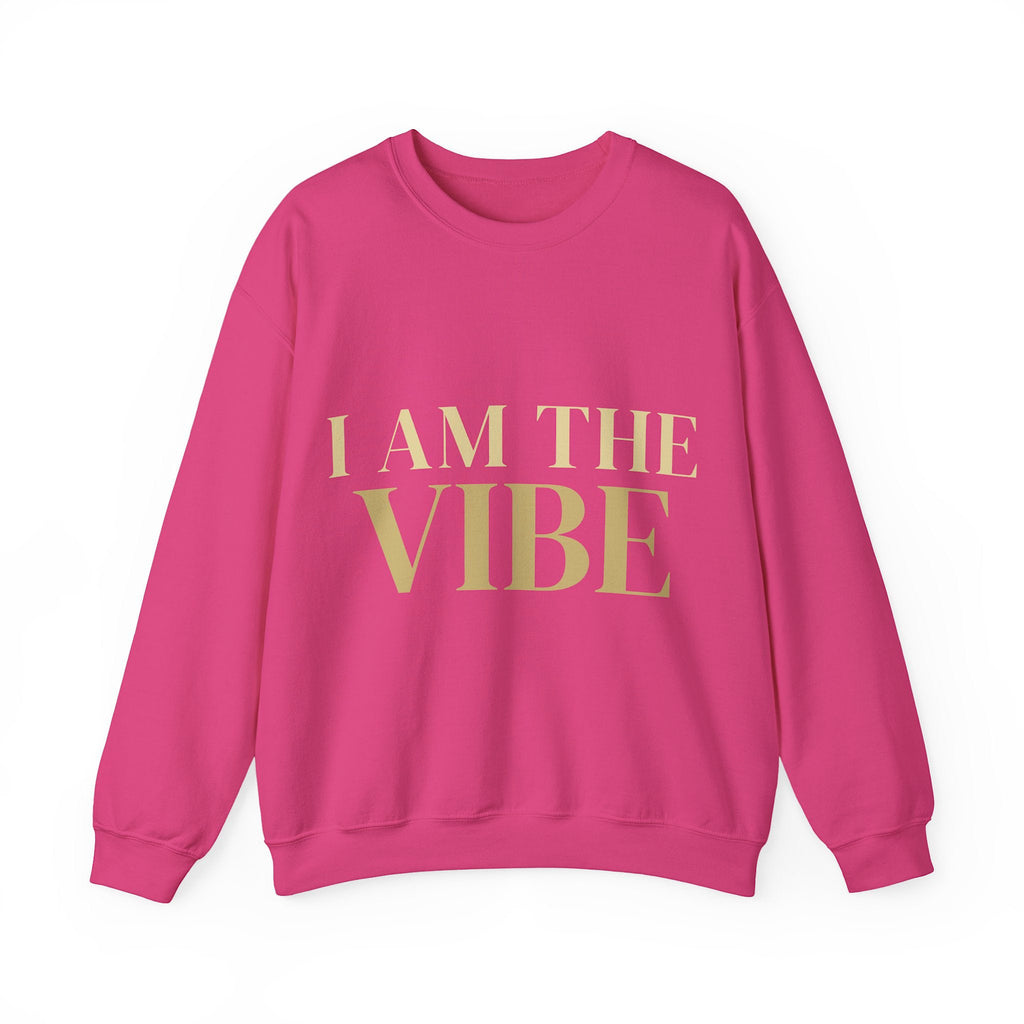Pink sweatshirt with 'I AM THE VIBE' text on a white background