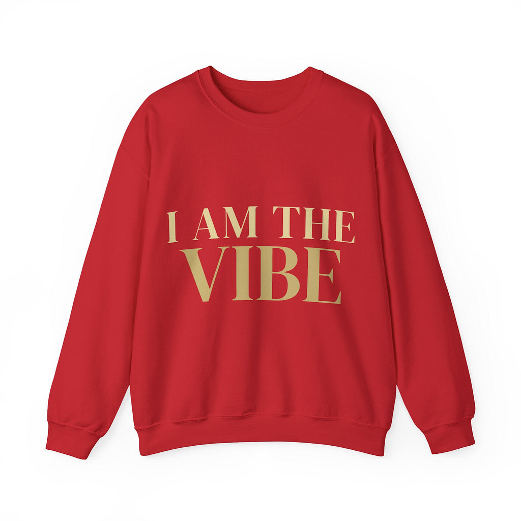 Red sweatshirt with 'I AM THE VIBE' text on a white background