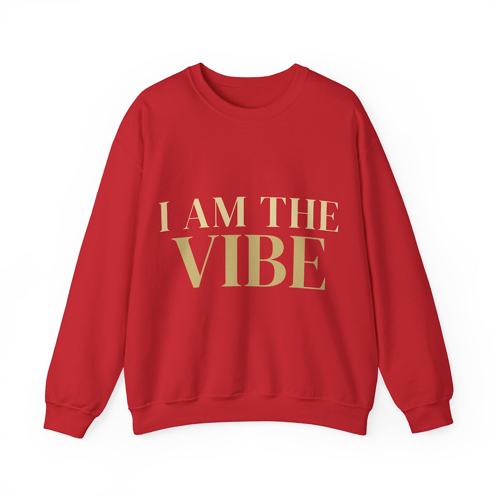 Red sweatshirt with 'I AM THE VIBE' text on a white background
