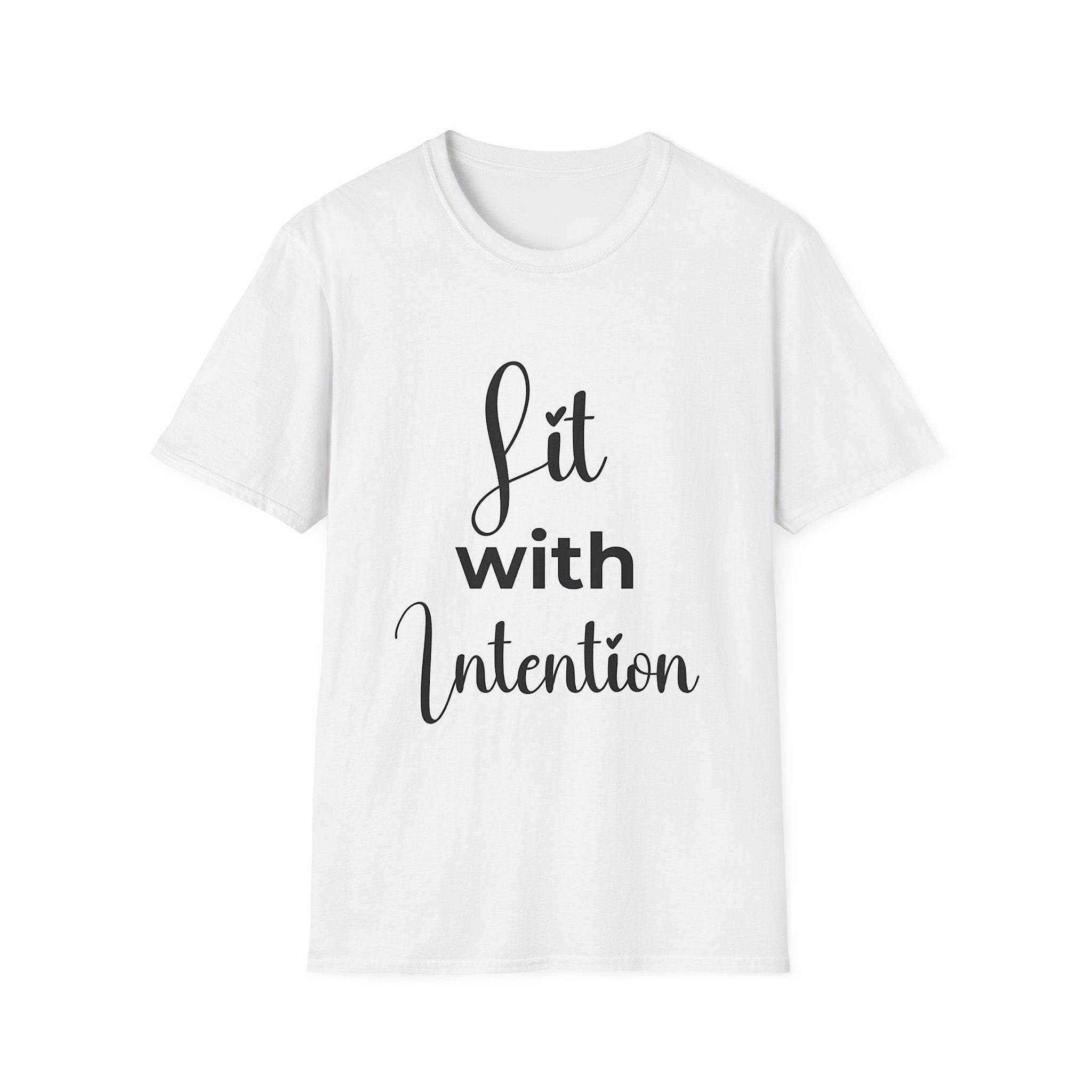 White t-shirt with 'Lit with Intention' text on a white background