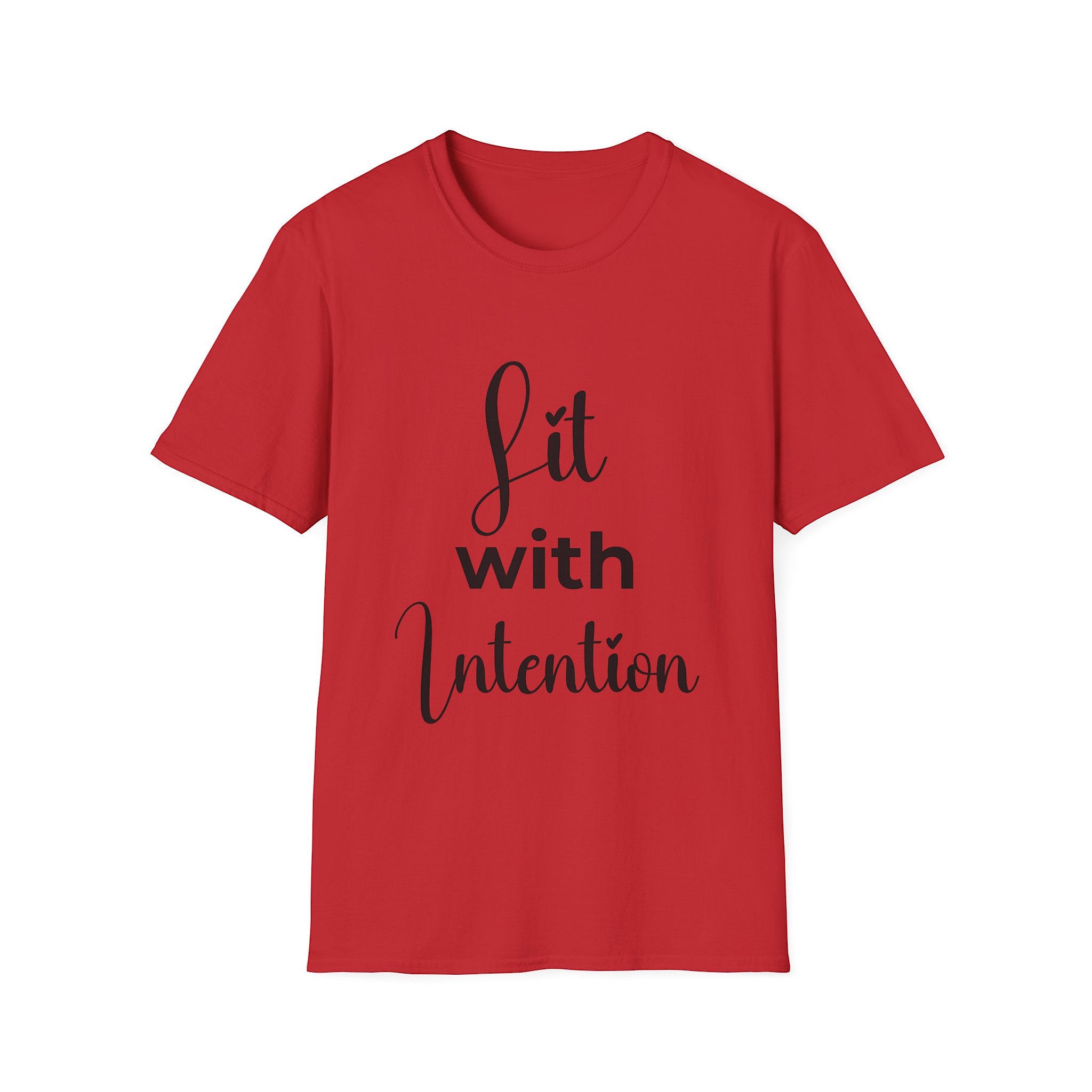 Red t-shirt with 'Lit with Intention' text on a white background
