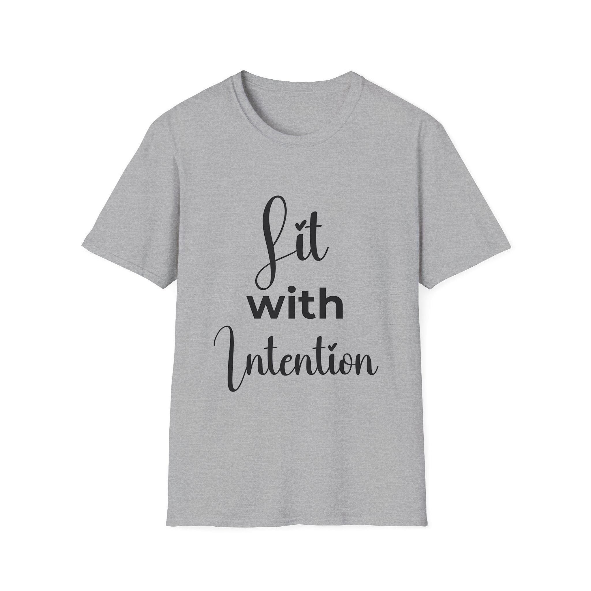 Gray t-shirt with 'Lit with Intention' text on a white background