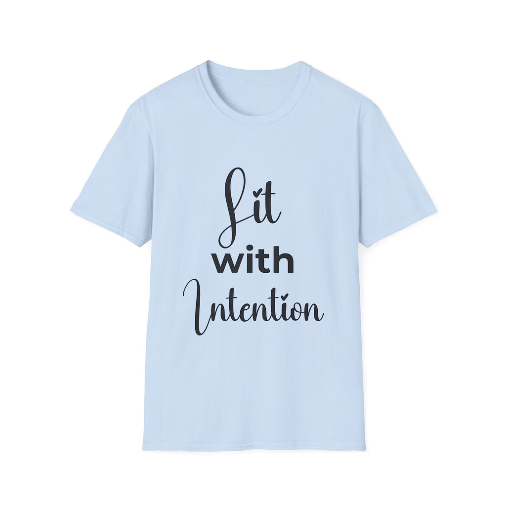 Light blue t-shirt with 'Lit with Intention' text on a white background