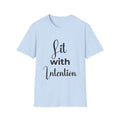 Light blue t-shirt with 'Lit with Intention' text on a white background
